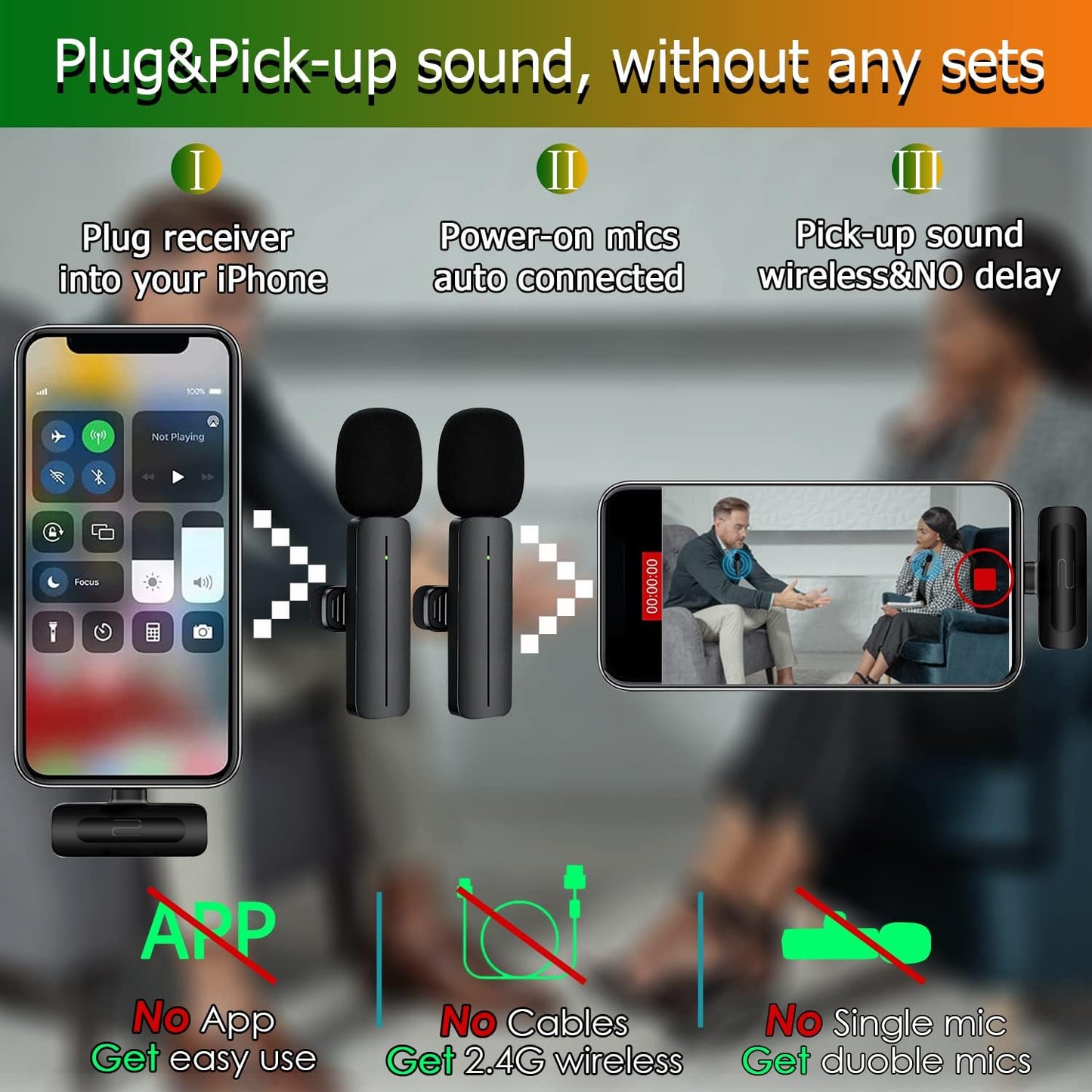2 Pack Wireless Mini Lavalier Lapel Microphone for iPhone,Android Phone(2 in 1) - 80ft Cordless Clip on Dual Mics with Noise Reduction 5H Working Time for Video Recording Vlogging, YouTube, Interview
