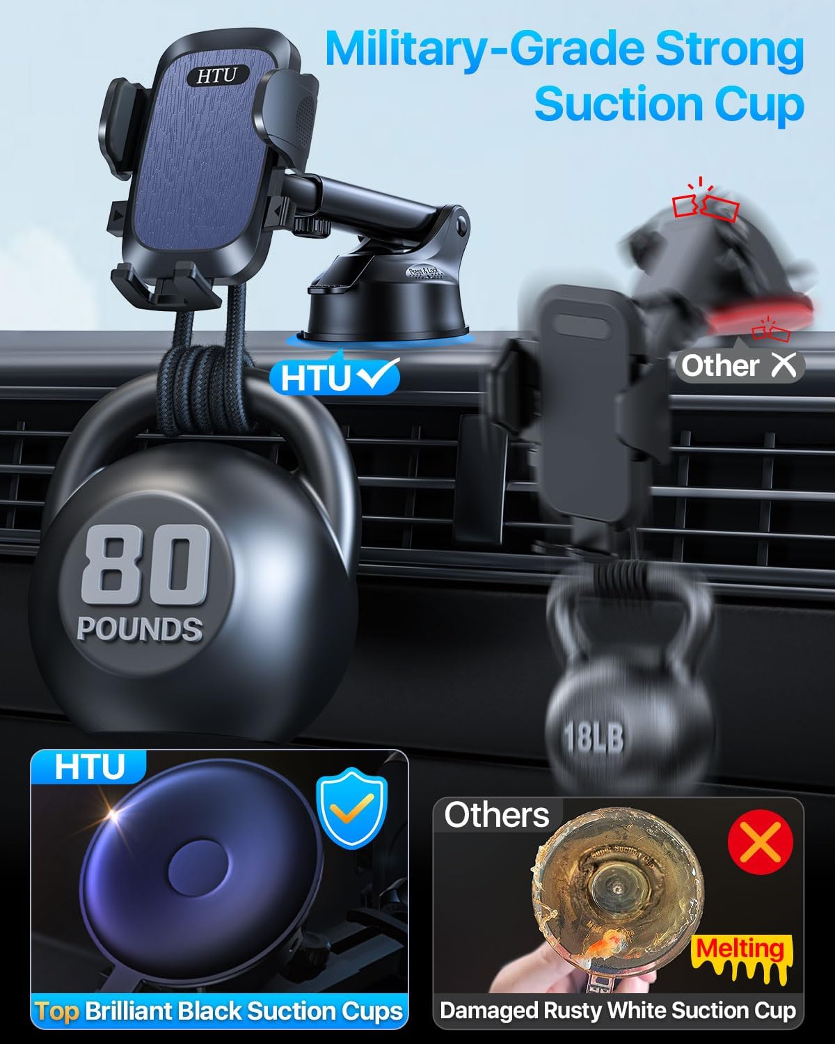 2025 Ultimate Car Phone Mount【80 LBS Strongest Suction &amp; Military-Grade】【Patent &amp; Safety Certs】 Cell Phone Holder Truck Stand for Dashboard Windshield Vent for iPhone 16 Pro Max 15 14 Samsung, Black
