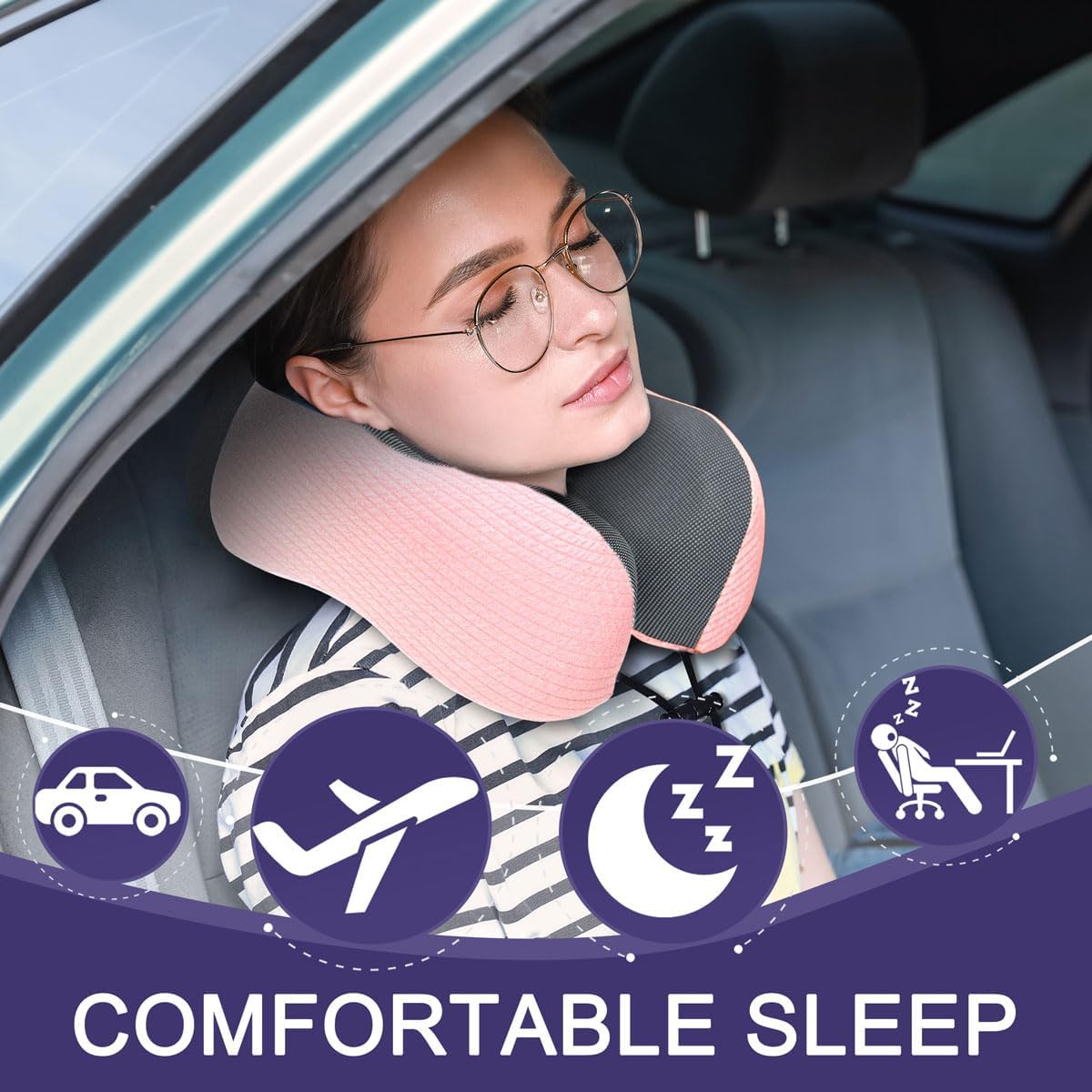 napfun Neck Pillow for Traveling, Upgraded Travel Neck Pillow for Airplane 100% Pure Memory Foam Travel Pillow for Flight Headrest Sleep, Portable Plane Accessories, Striped Black