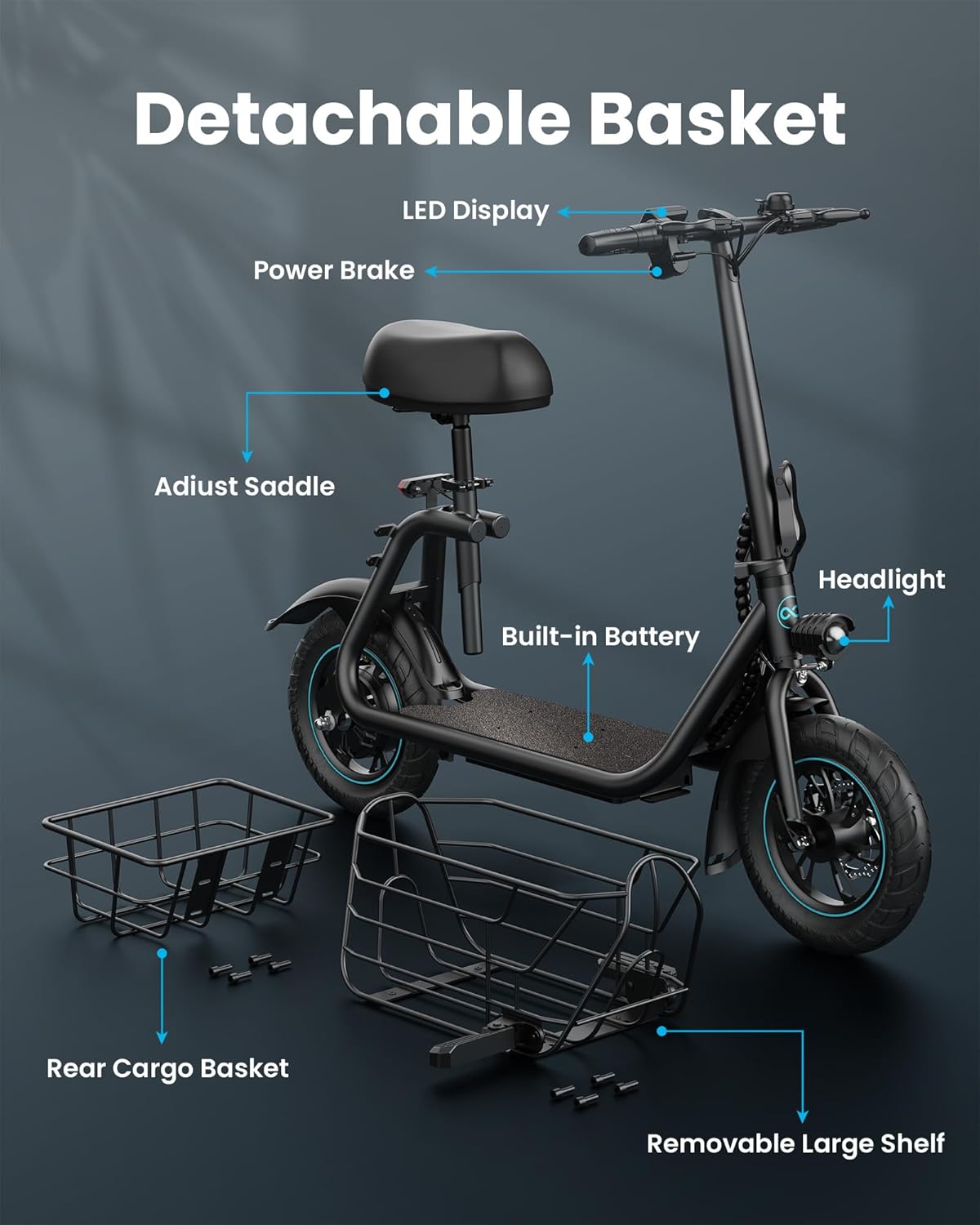 Gyroor Adults Electric Scooter with Large Middle Basket, 550W Motor 18.6 MPH 20 Mile Distance, Foldable E-Scooter with seat for Pets &amp; Cargo