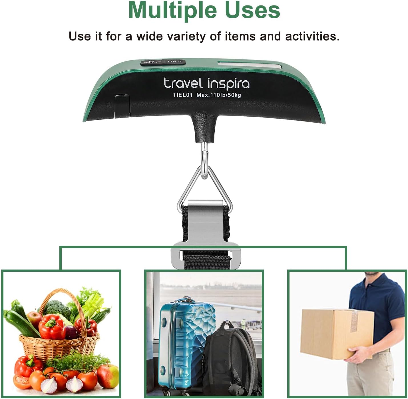 travel inspira Luggage Scale, Portable Digital Hanging Baggage Scale for Travel, Suitcase Weight Scale with Rubber Paint, 110 Pounds, Battery Included