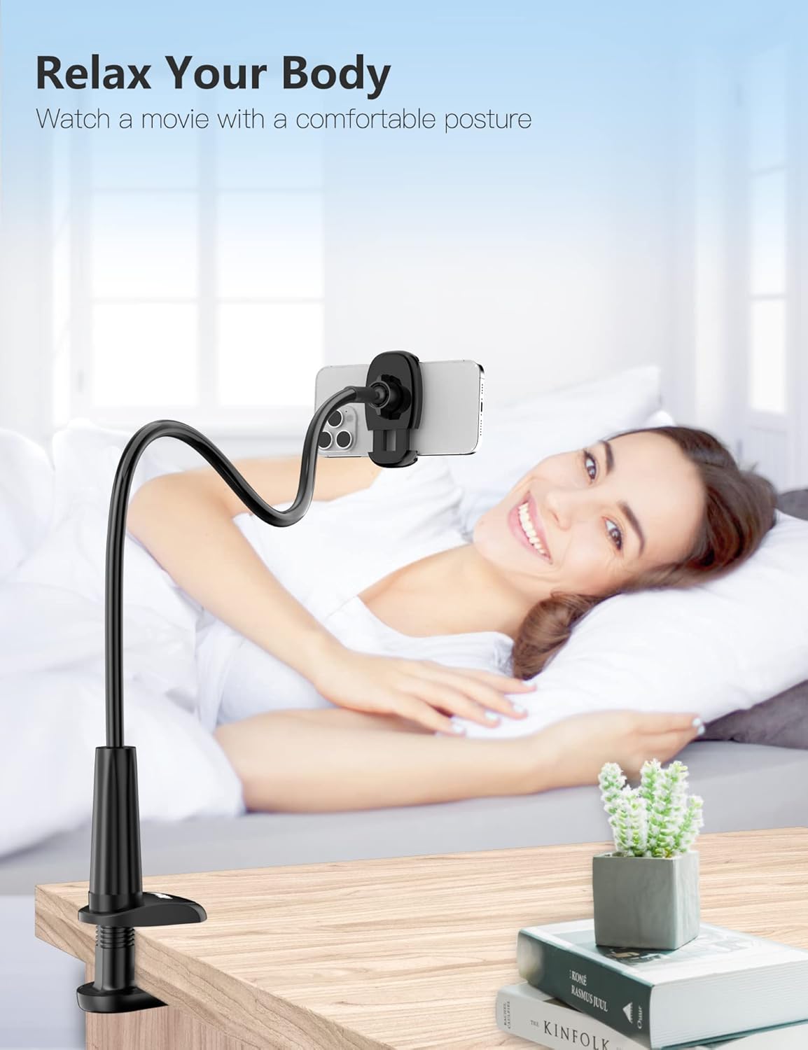 Tryone Gooseneck Phone Holder Stand for Bed Flexible Arm Adjustable Cell Phones Mount Clamp on Desk Bedframe Compatible with iPhone 14 Pro Max 13 12 11 X SE Series/Samsung S22 or Other 4&#34;-7&#34; Devices
