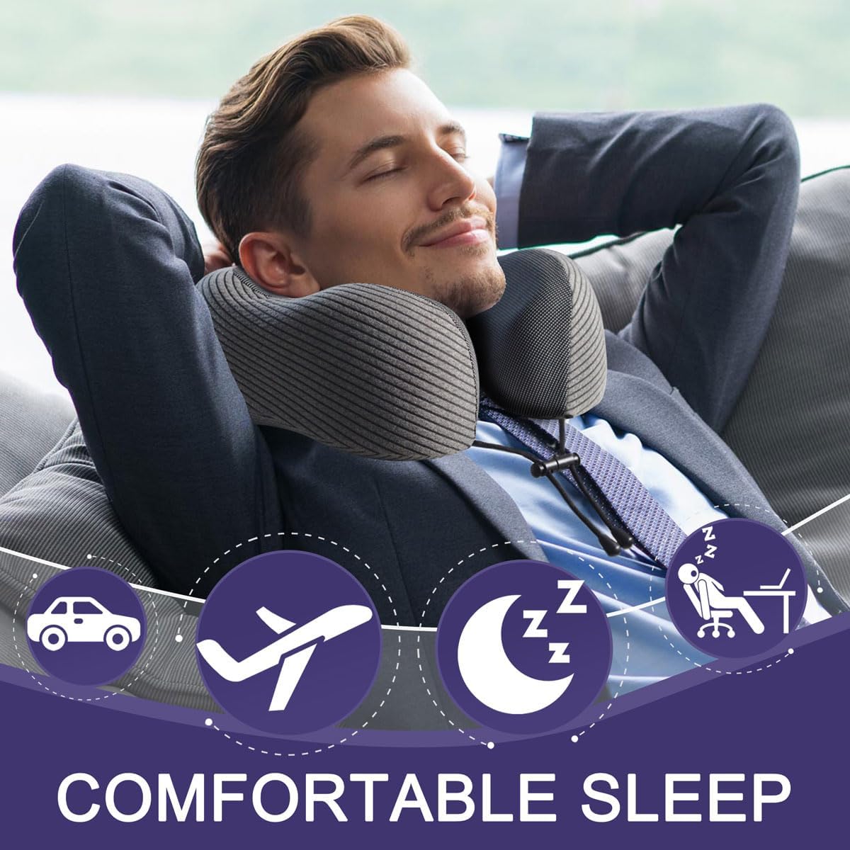 napfun Neck Pillow for Traveling, Upgraded Travel Neck Pillow for Airplane 100% Pure Memory Foam Travel Pillow for Flight Headrest Sleep, Portable Plane Accessories, Striped Black