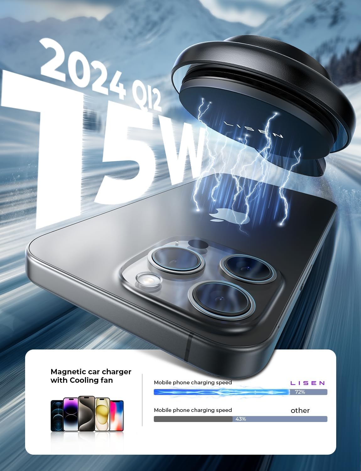 LISEN for Qi2 MagSafe Car Mount Charger, 15W QI2 Wireless Car Charger, Cooling with MagSafe Charger Car Mount Phone Holders for Your Car, Magnetic Car Charger for iPhone 16 Pro Max Plus 15/14/13 Mini