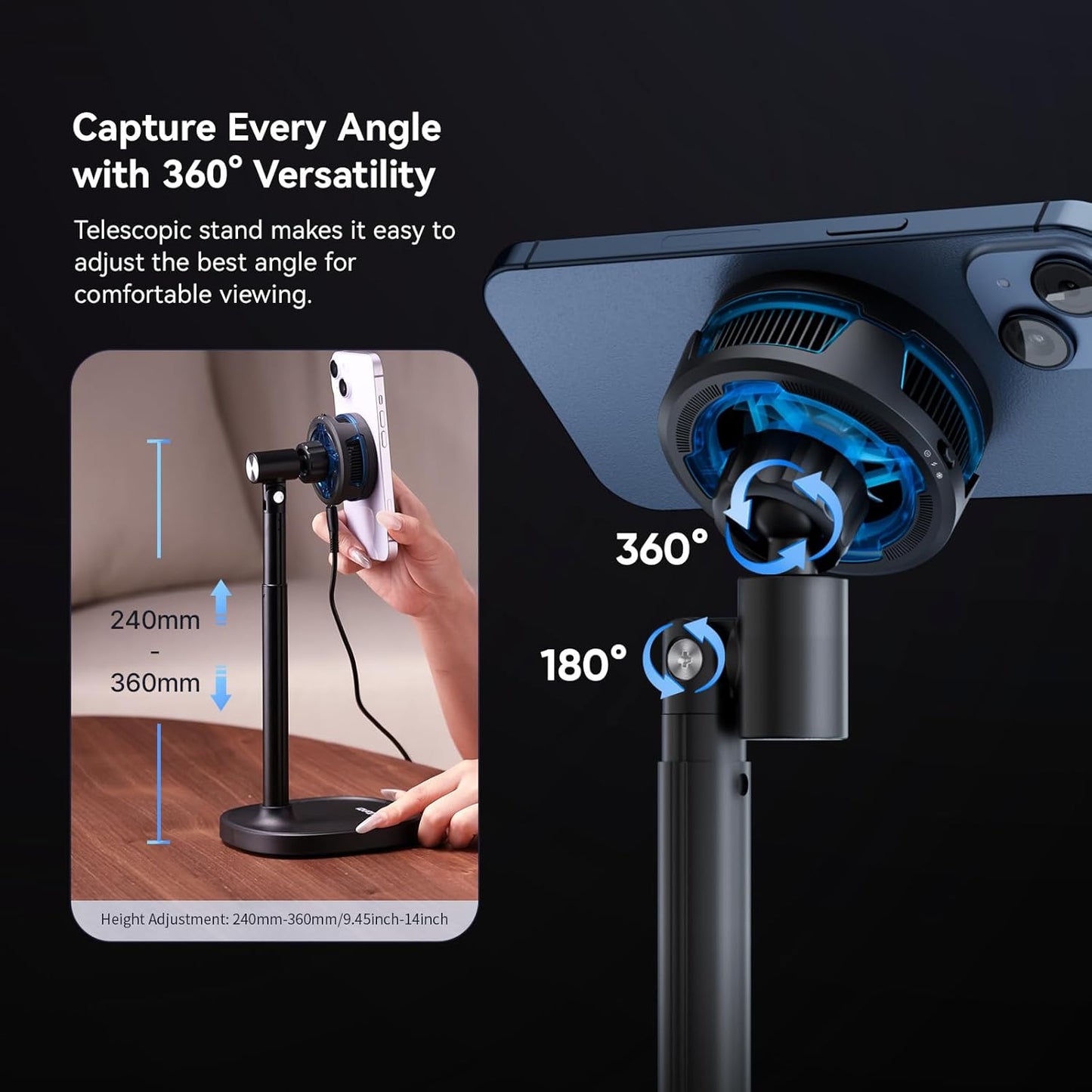 Ulanzi SK-10 3 in 1 Magnetic Cell Phone Stand with Cooling Fan and Wireless Charger for iPhone, Height Adjustable Phone Desk Holder Semiconductor Cooling Fan for Live Streaming Gaming Phone Cooler