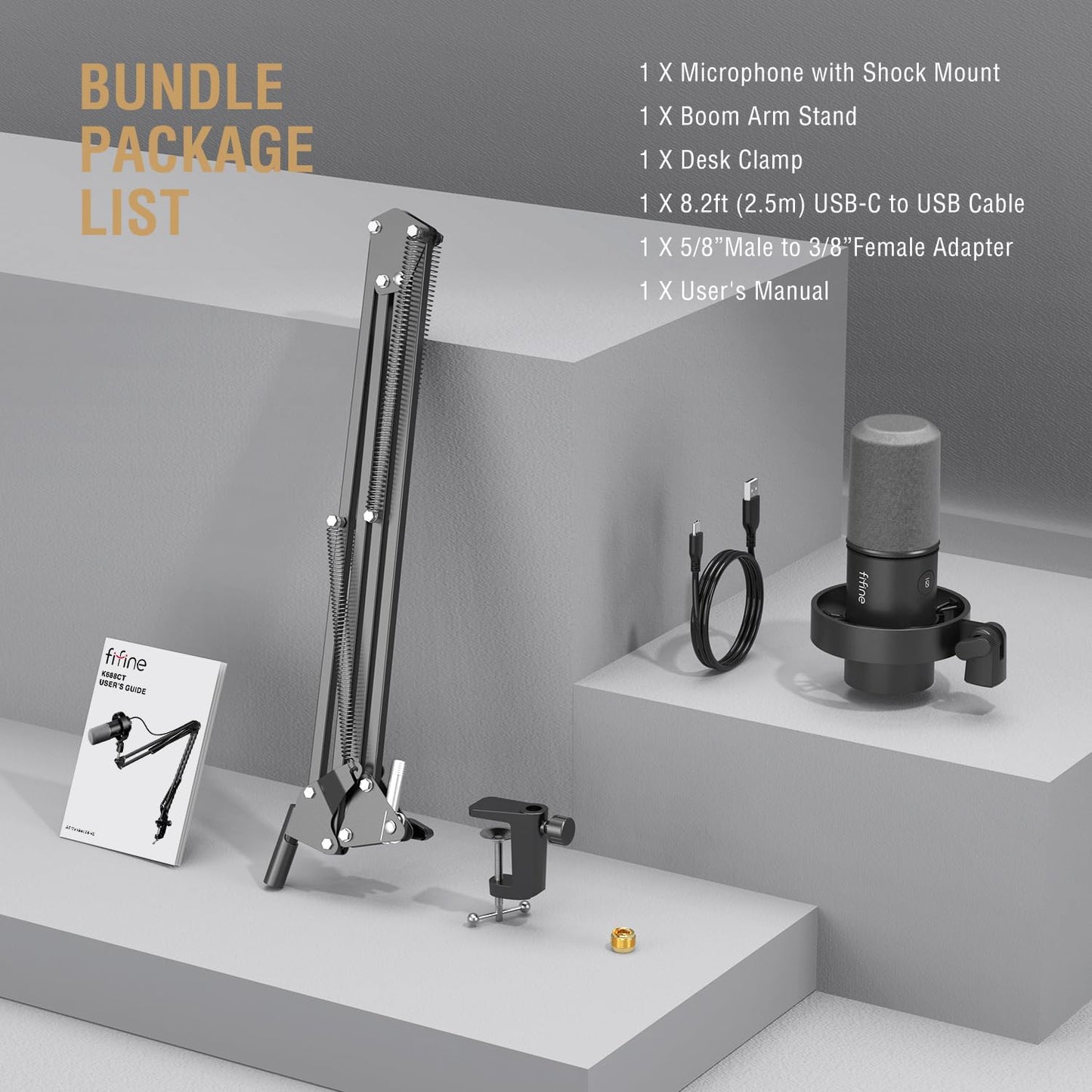FIFINE K688 Podcast Microphone Kit, USB/XLR Dynamic Microphone with Boom Arm for PC/XLR Mixer, Gaming Mic with Mute Button, Headphone Jack for Vocal, Voice-Over, Streaming, Music Recording -K688CT