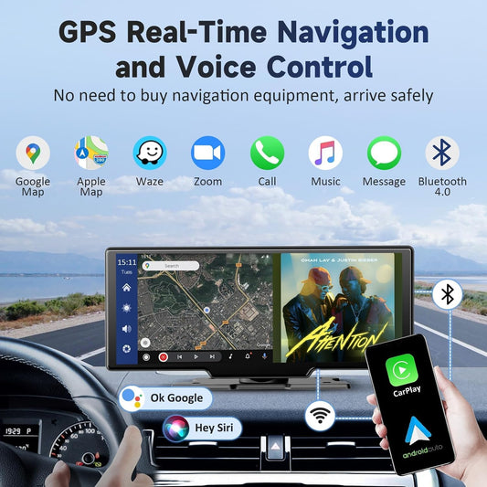 Wireless Portable Carplay Screen for Car - 10.26Inch Carplay &amp; Android Auto Car Touch Stereo, with 4K Dash Cam, Backup Camera,Bluetooth,GPS Navigation