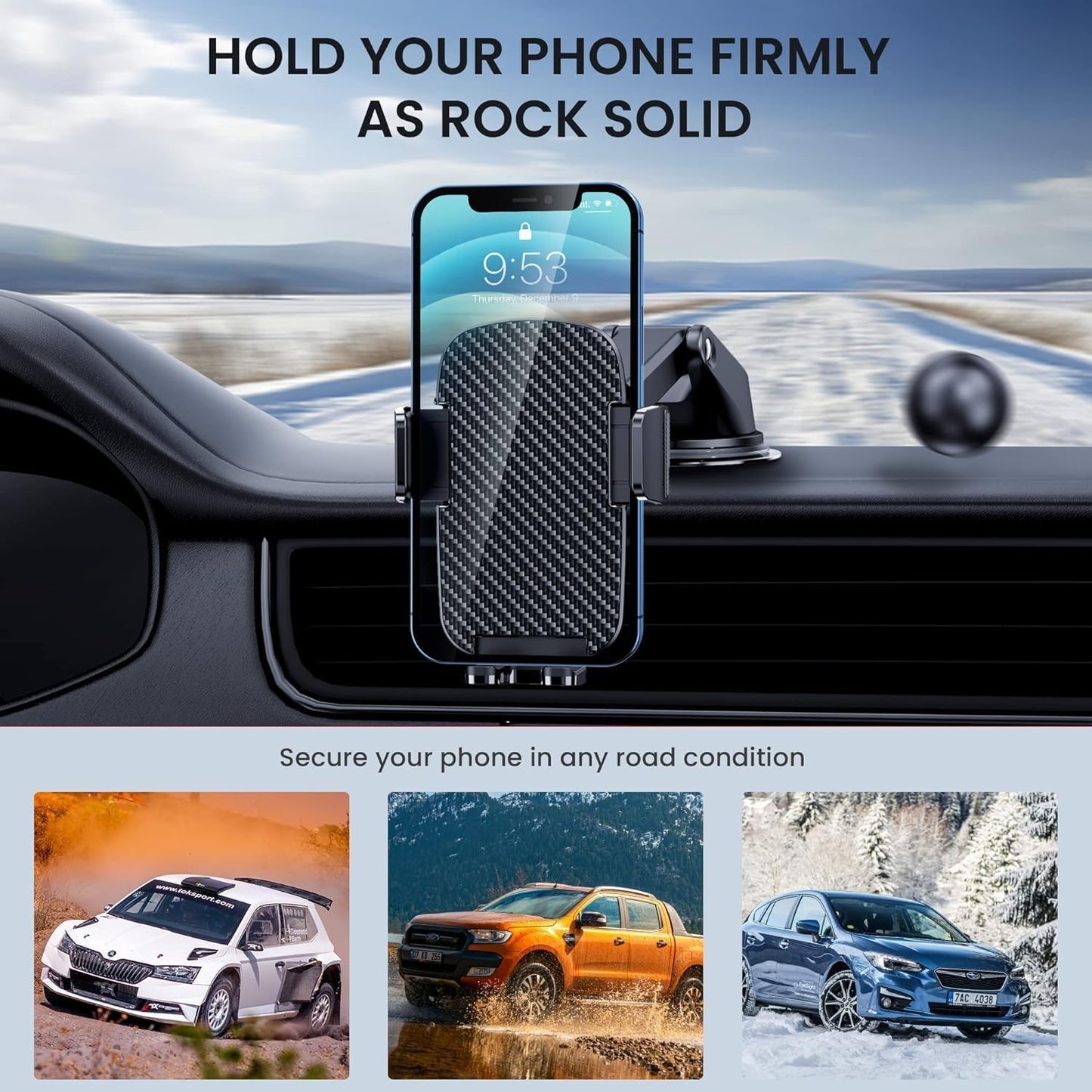 Qifutan Car Phone Holder Mount Phone Mount for Car Windshield Dashboard Air Vent Universal Hands Free Automobile Cell Phone Holder Fit for iPhone Smartphone Carbon Fiber