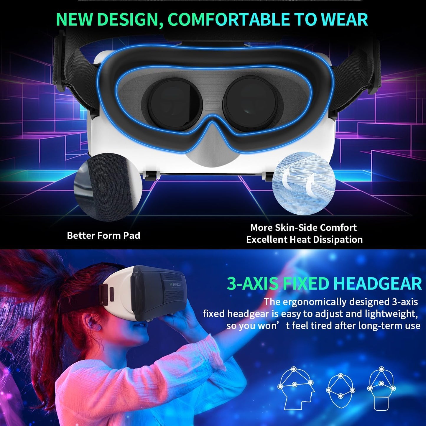 VR Headset for Smartphones, Ultra-Wide 120° Viewing Angle, Adjustable Focus and Eye Width, Aspherical Optical Lens, Good Heat Dissipation, 4.5-6.5 Inch Smartphone