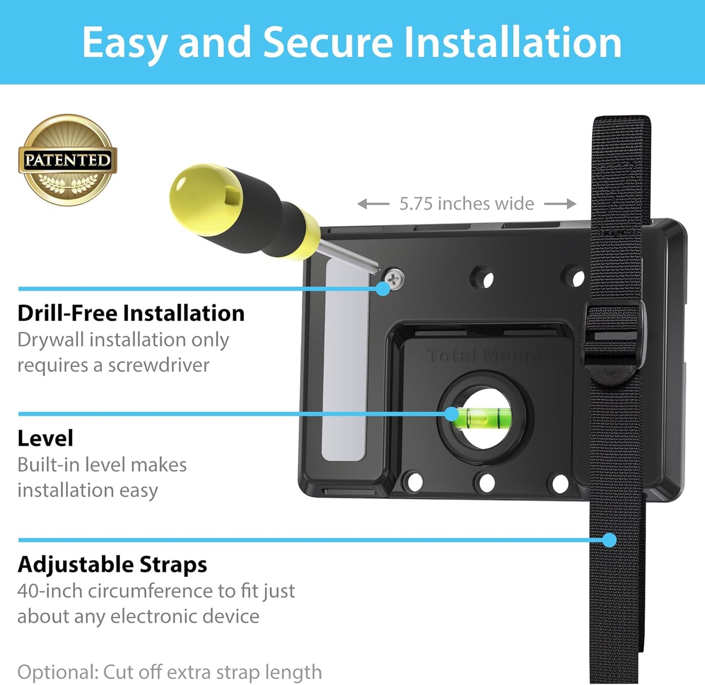 TotalMount Universal Mount for Electronics – Adjustable Strap Wall Mount for Your Router, Wireless System, Cable Modem, DVR, Xbox, PlayStation, and More (Black, Professional Shelf)