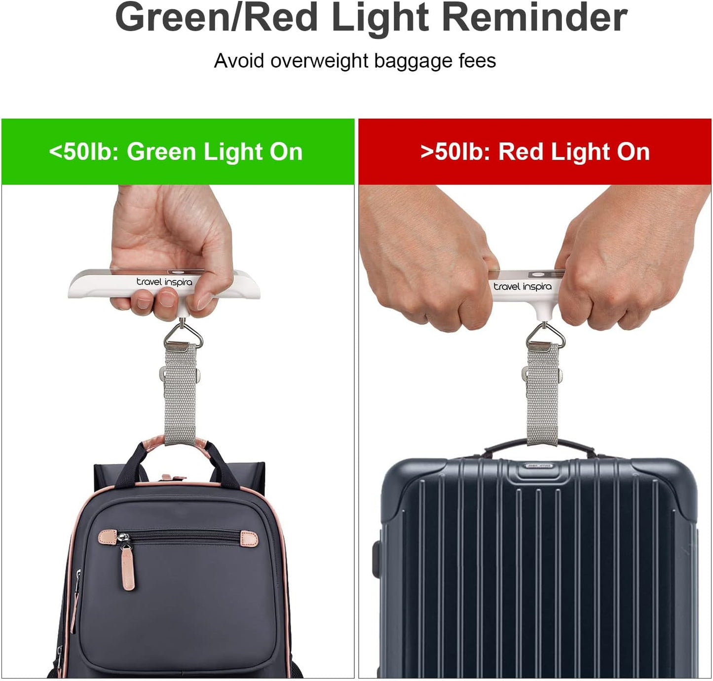 travel inspira Luggage Scale, Portable Digital Hanging Baggage Scale for Travel, Suitcase Weight Scale with Rubber Paint, 110 Pounds, Battery Included