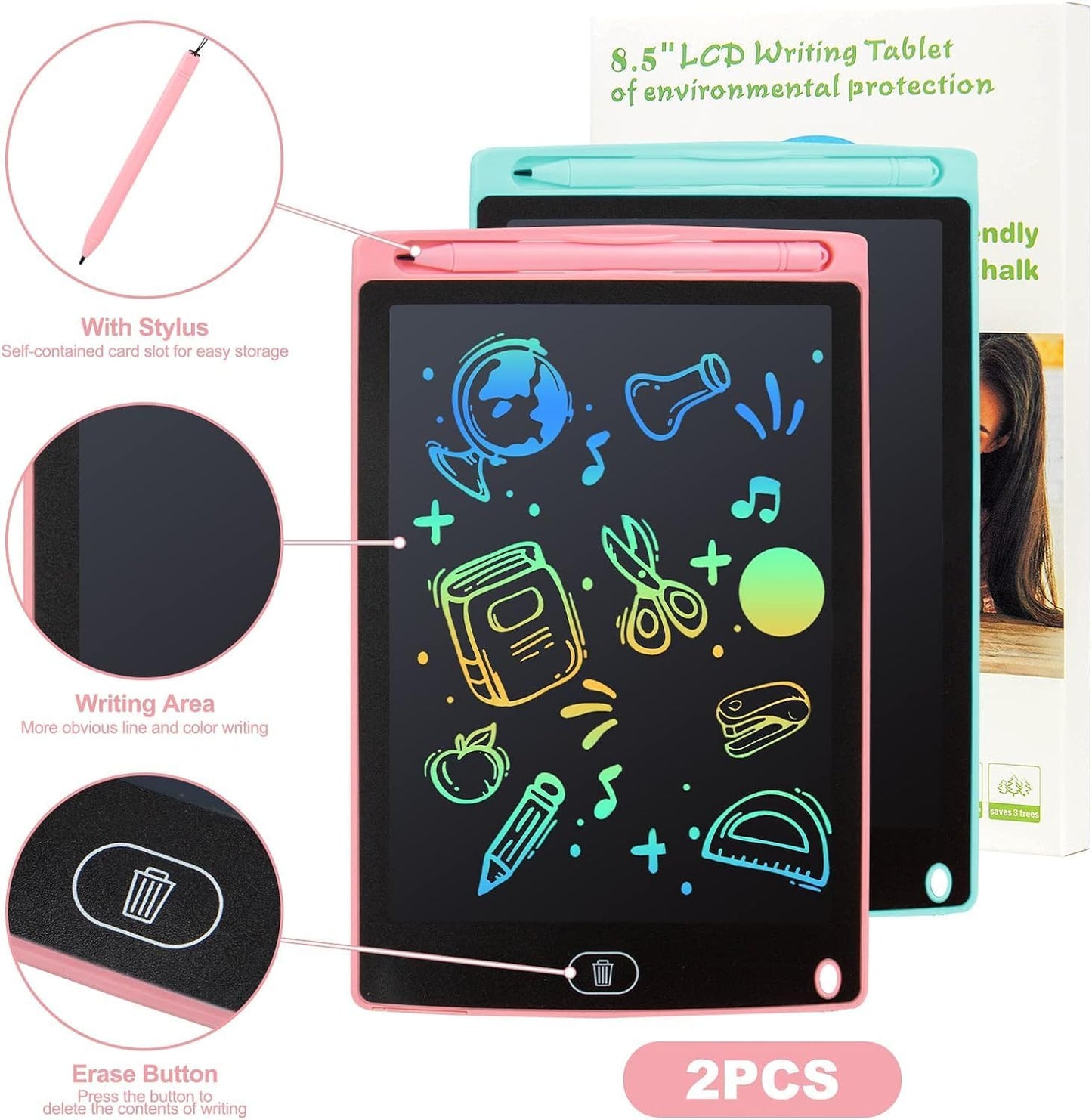 LCD Writing Tablet, 2 Packs Drawing Pads for Kids 3 4 5 6 Years Old 8.5 Inch Colorful Lines Doodle Scribble Boards Educational Toys for Boys Girls Road Trip EssentialsTravel Game Toys,Pink Blue