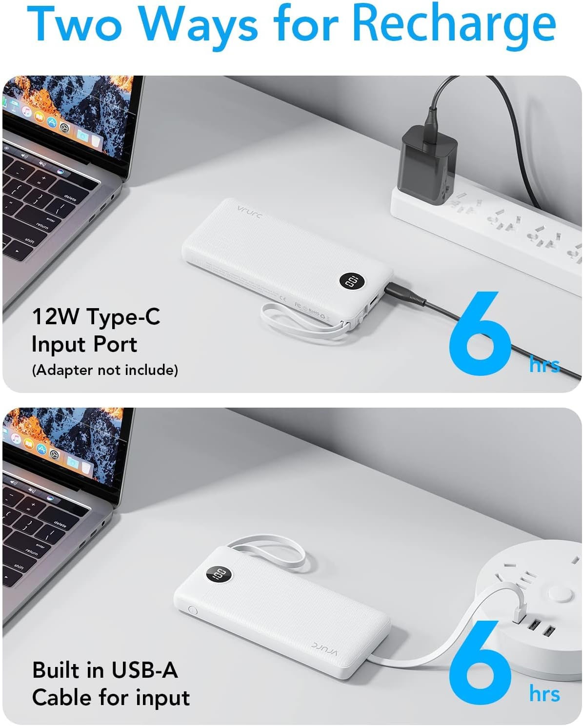 VRURC 10000mAh Power Bank Built-in Cables, Portable Charger with LED Display, Slim Travel Battery Pack with Cords, 5 Output Dual Input Phone Charger for Cell Phone Smart Devcies-Blue(1 Pack)