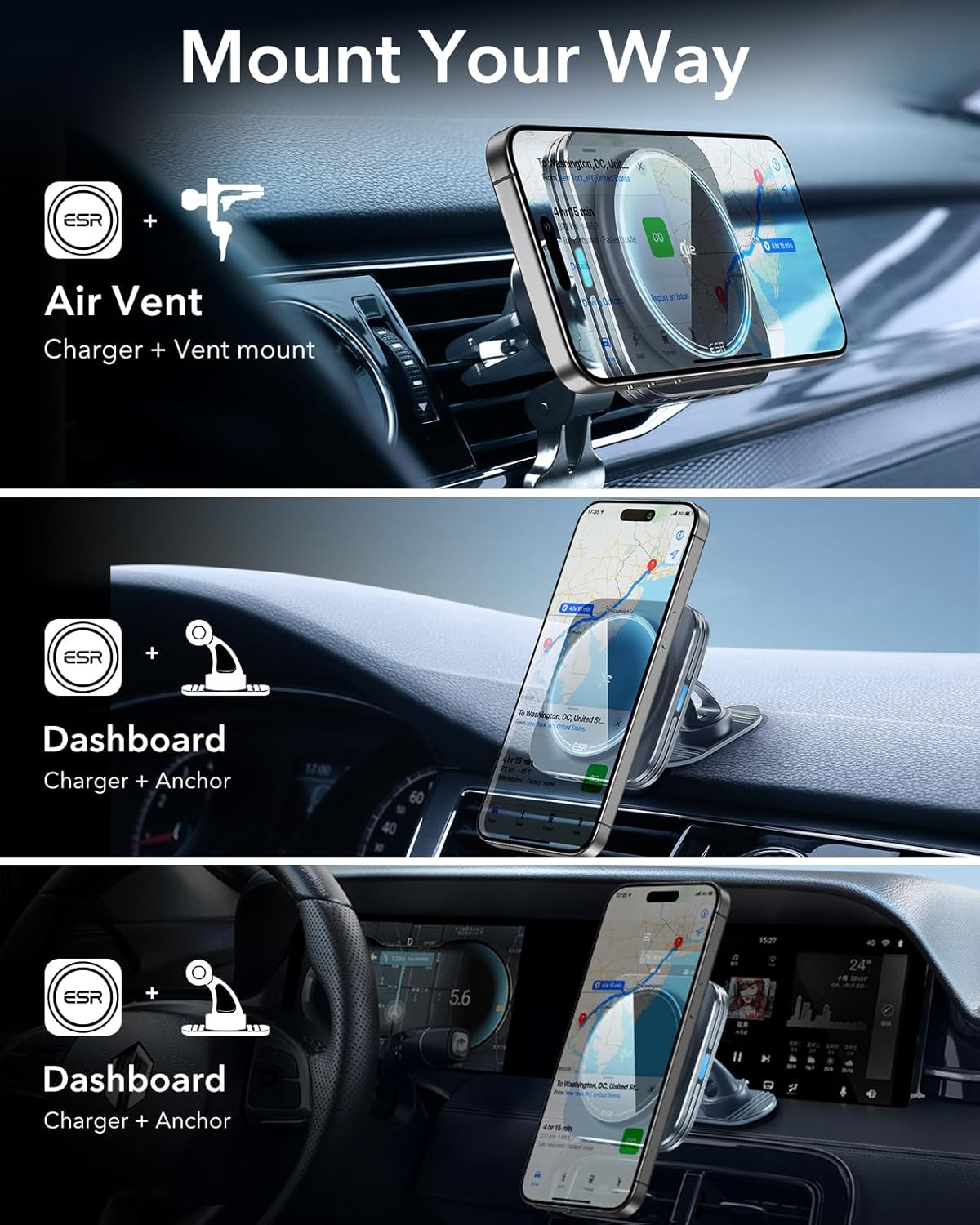 ESR for Qi2-Certified 15W MagSafe Car Mount Charger with CryoBoost, Phone Cooling MagSafe Car Charger, Air Vent/Dashboard Wireless Car Charger for iPhone 16/15/14/13/12, Fast Charger, Black