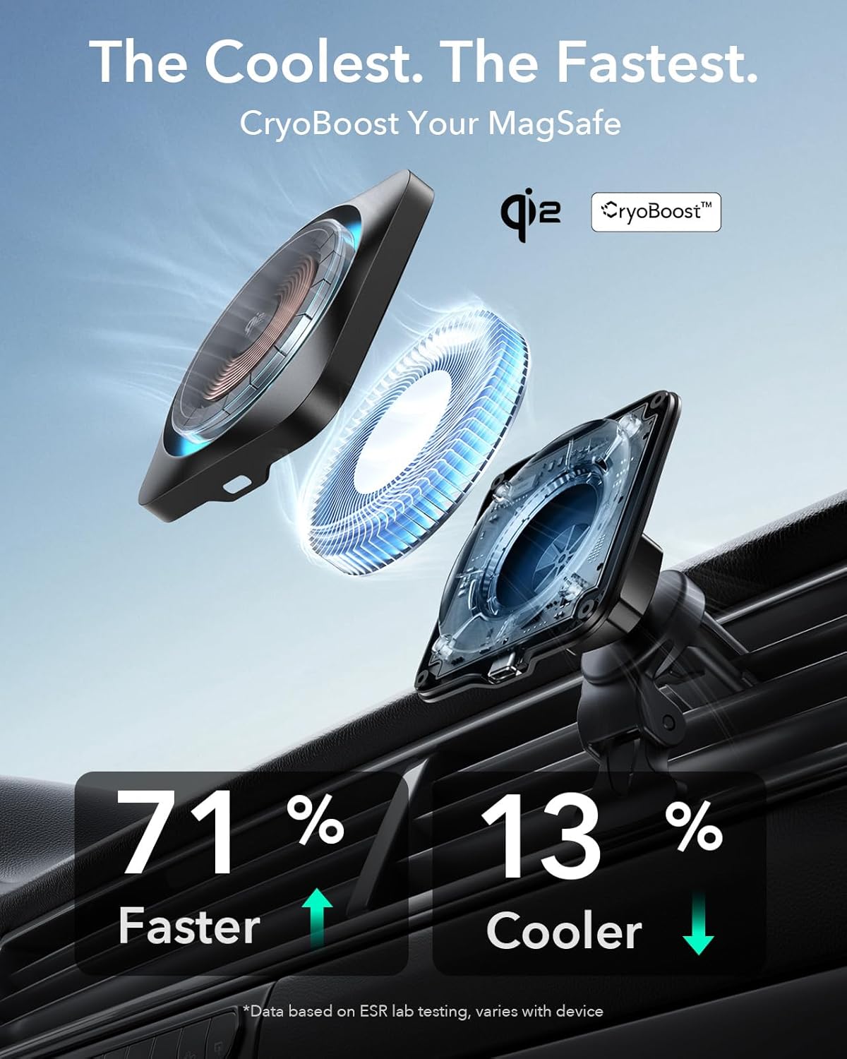 ESR for Qi2-Certified 15W MagSafe Car Mount Charger with CryoBoost, Phone Cooling MagSafe Car Charger, Air Vent/Dashboard Wireless Car Charger for iPhone 16/15/14/13/12, Fast Charger, Black
