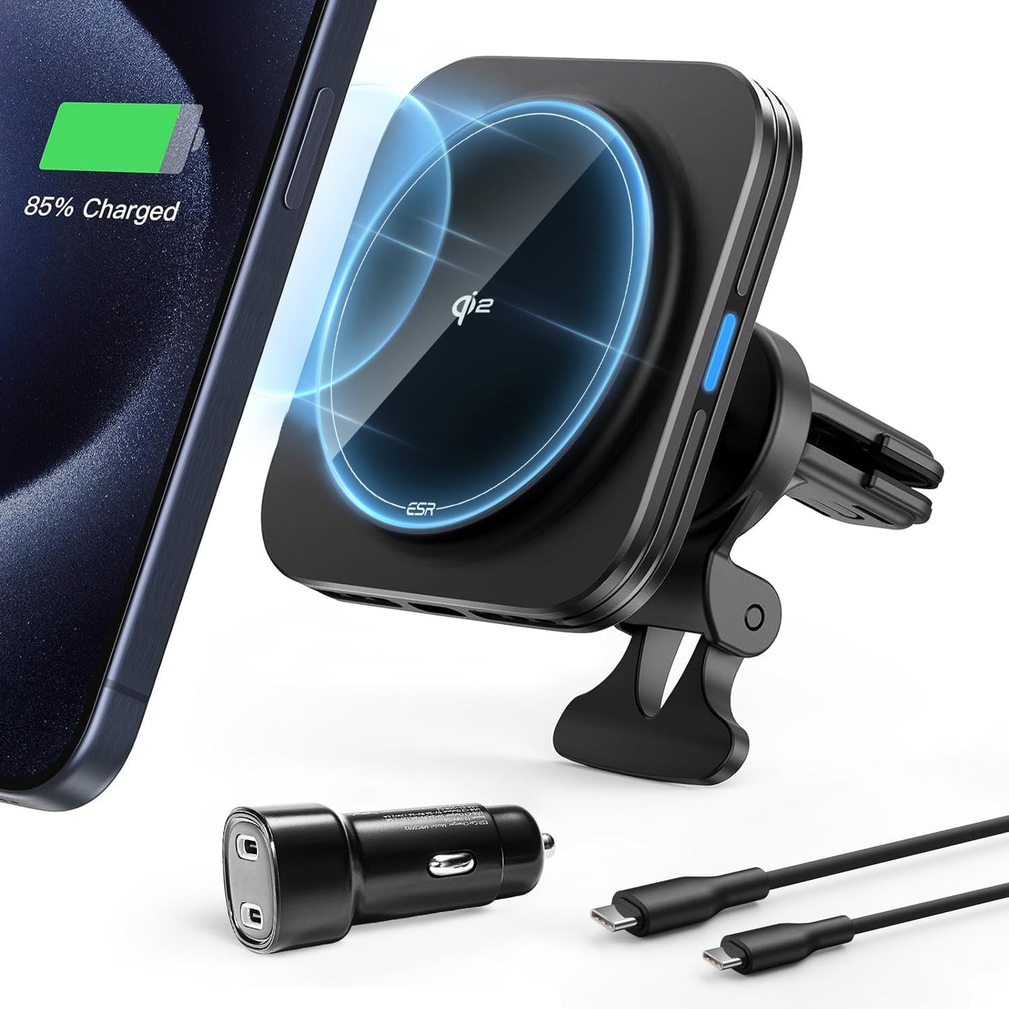 ESR for Qi2-Certified 15W MagSafe Car Mount Charger with CryoBoost, Phone Cooling MagSafe Car Charger, Air Vent/Dashboard Wireless Car Charger for iPhone 16/15/14/13/12, Fast Charger, Black