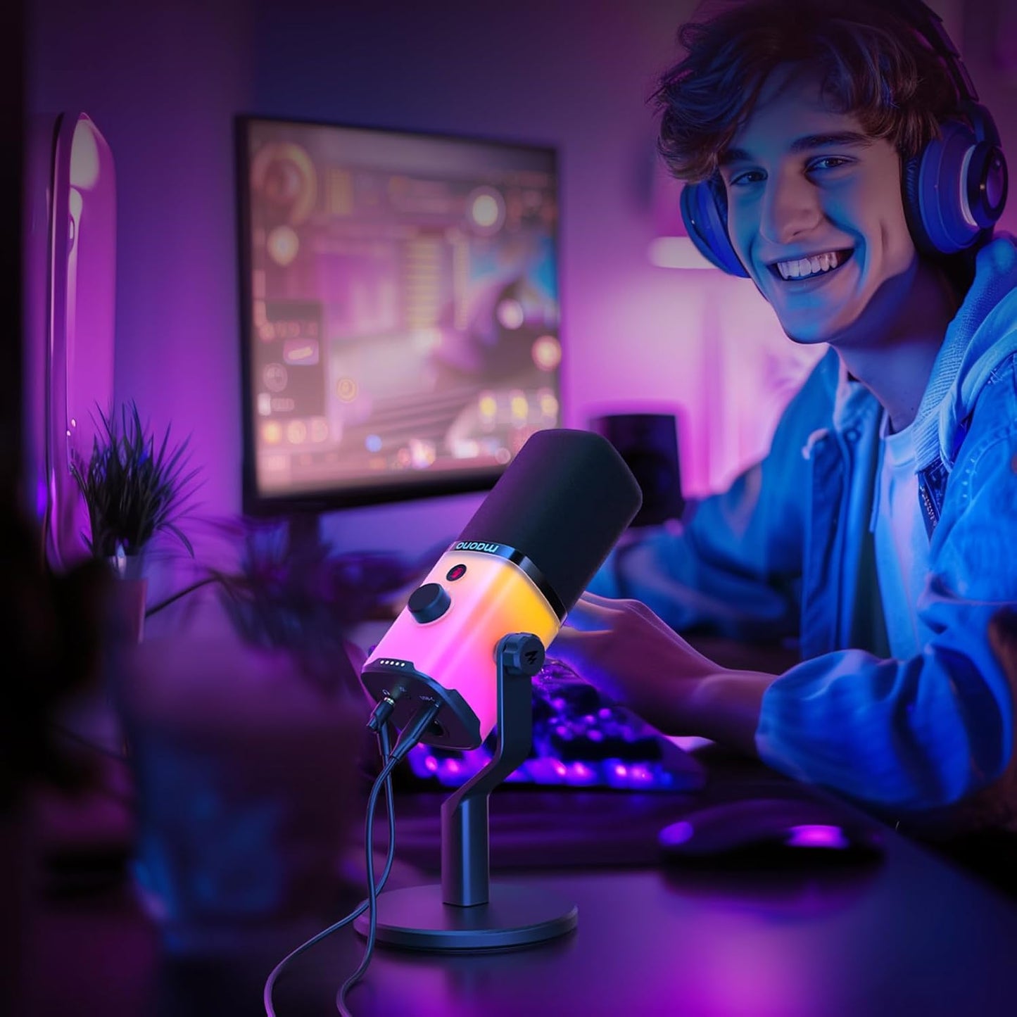 MAONO XLR/USB Gaming Microphone with Software, Dynamic PC Microphone with RGB for Streaming Podcast Vocal Recording, Computer Mic with Noise Cancellation, Mute Button, Gain Knob, Desktop Stand PD100X