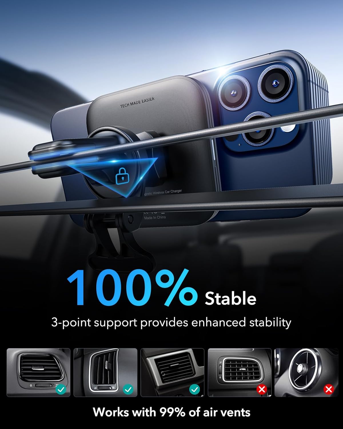 ESR for Qi2-Certified 15W MagSafe Car Mount Charger with CryoBoost, Phone Cooling MagSafe Car Charger, Air Vent/Dashboard Wireless Car Charger for iPhone 16/15/14/13/12, Fast Charger, Black