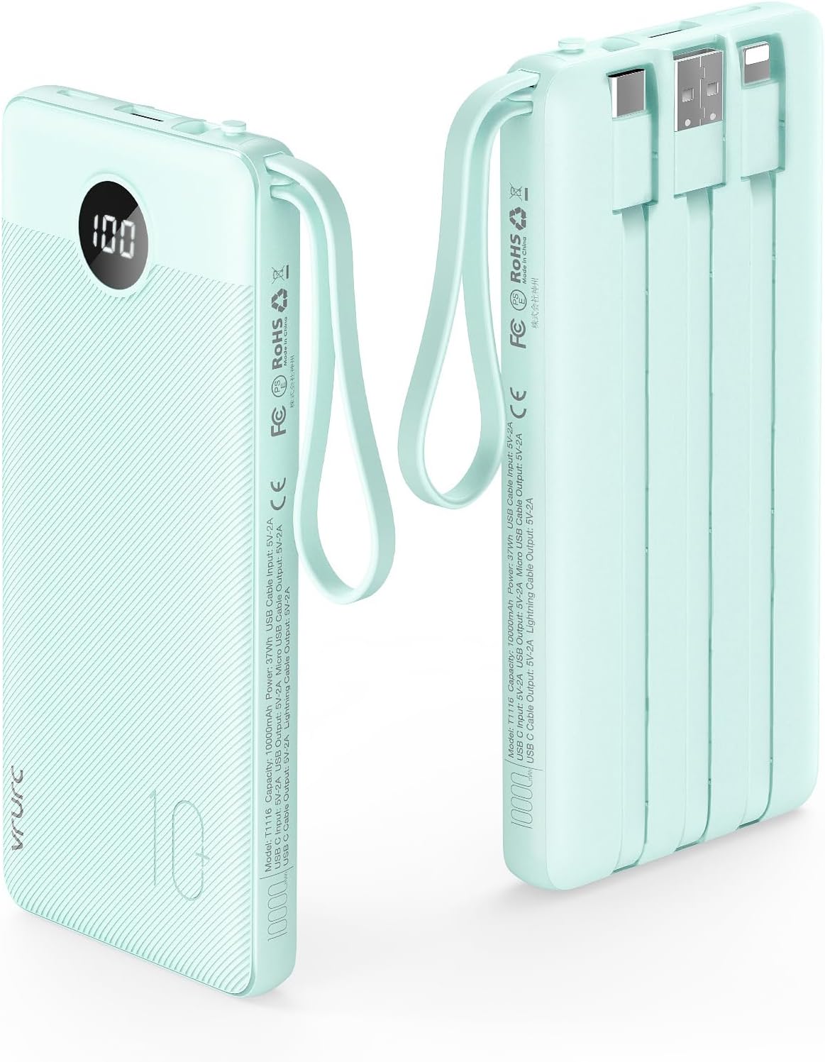 VRURC 10000mAh Power Bank Built-in Cables, Portable Charger with LED Display, Slim Travel Battery Pack with Cords, 5 Output Dual Input Phone Charger for Cell Phone Smart Devcies-Blue(1 Pack)