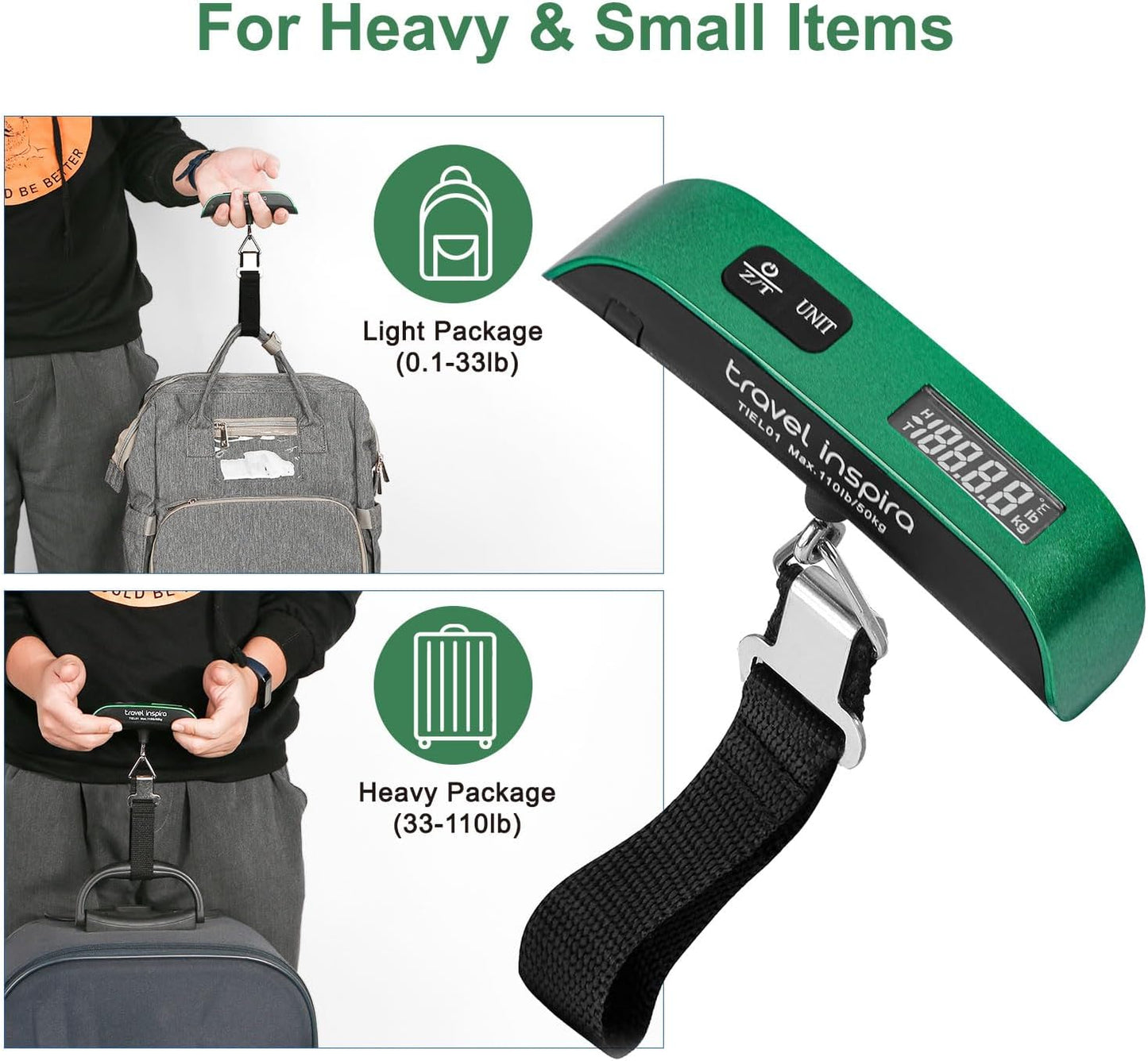travel inspira Luggage Scale, Portable Digital Hanging Baggage Scale for Travel, Suitcase Weight Scale with Rubber Paint, 110 Pounds, Battery Included