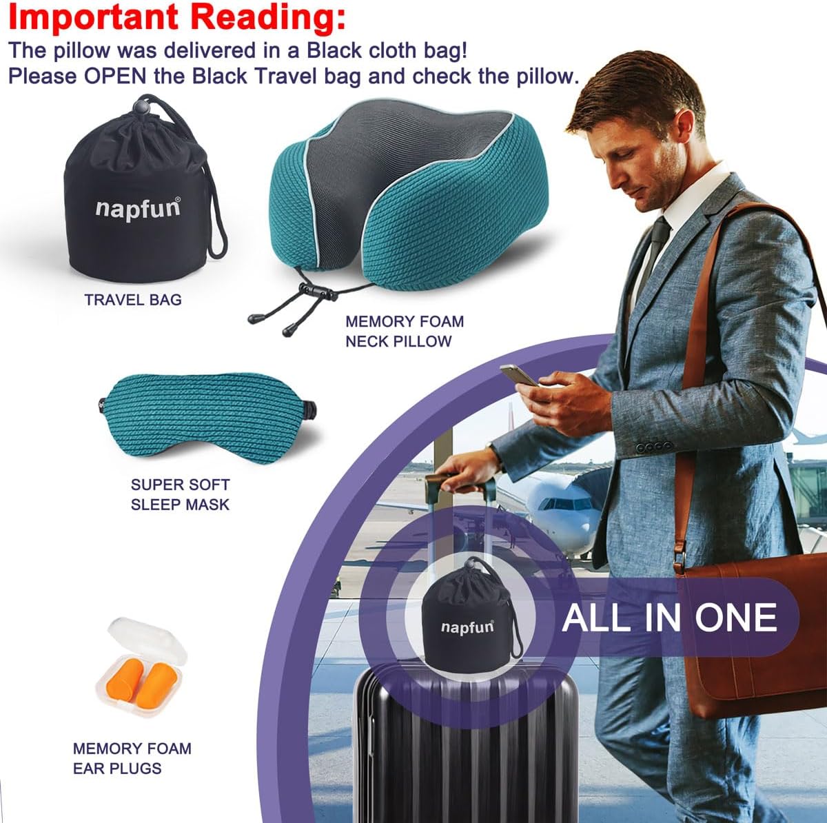 napfun Neck Pillow for Traveling, Upgraded Travel Neck Pillow for Airplane 100% Pure Memory Foam Travel Pillow for Flight Headrest Sleep, Portable Plane Accessories, Striped Black