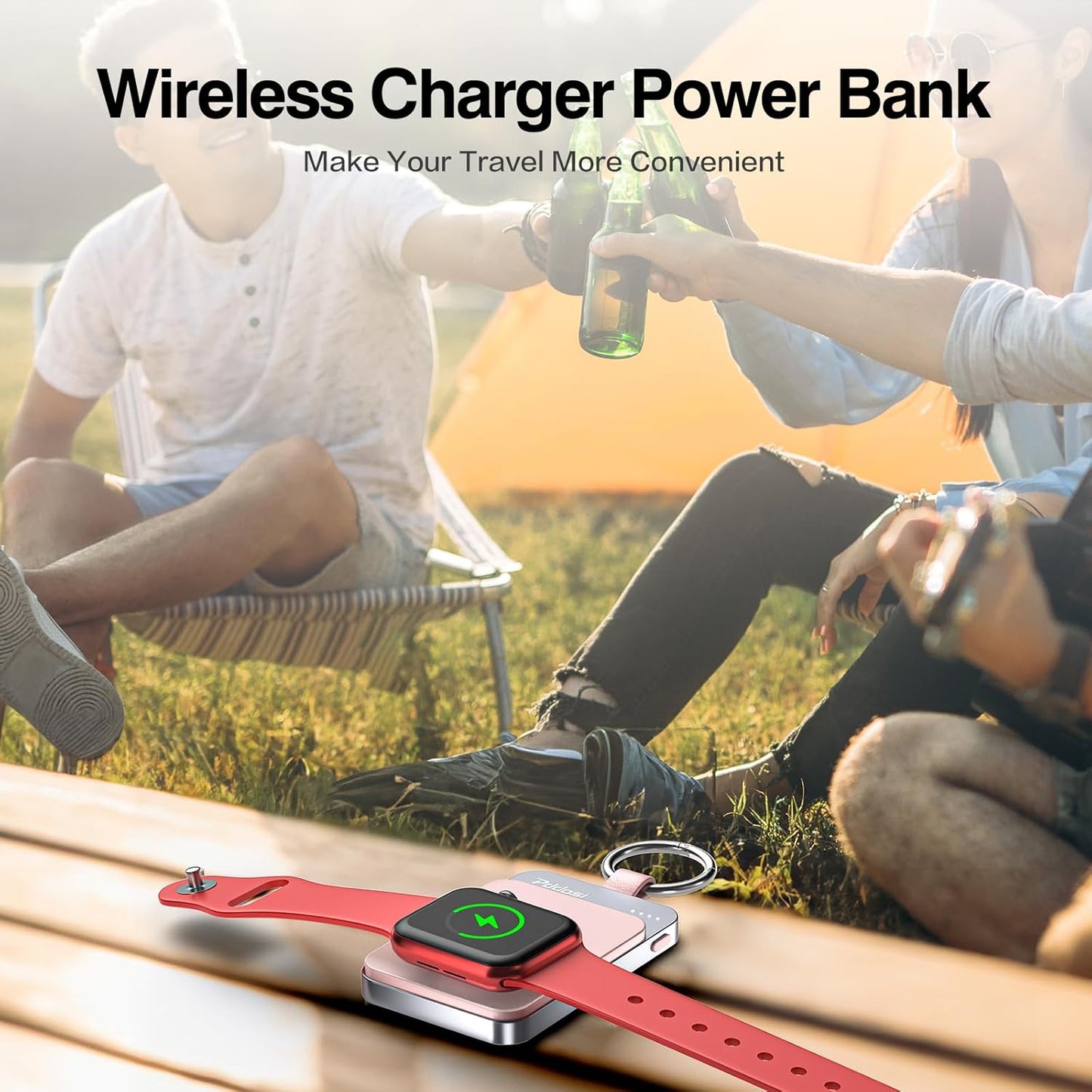 Pddosi Portable Wireless Charger Compatible for Apple Watch Series 10/9/8/UItra/7/6/5/4/3/2/SE, 1500mAh Portable iWatch Charger Travel, Magnetic Portable Watch Charger Keychain with USB C (Pink)