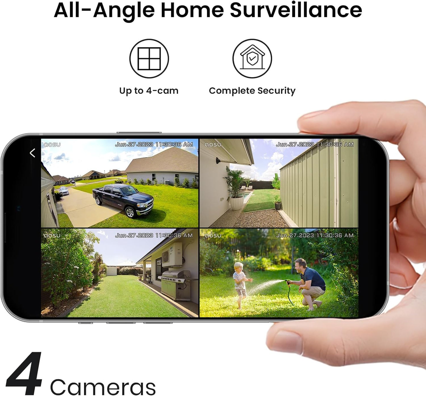 AOSU Security Cameras Outdoor Wireless, 4 Cam-Kit, No Subscription, Solar-Powered, Home Security Cameras System with 360° Pan &amp; Tilt, Auto Tracking, 2K Color Night Vision, Easy Setup, 5G &amp; 2.4G WiFi