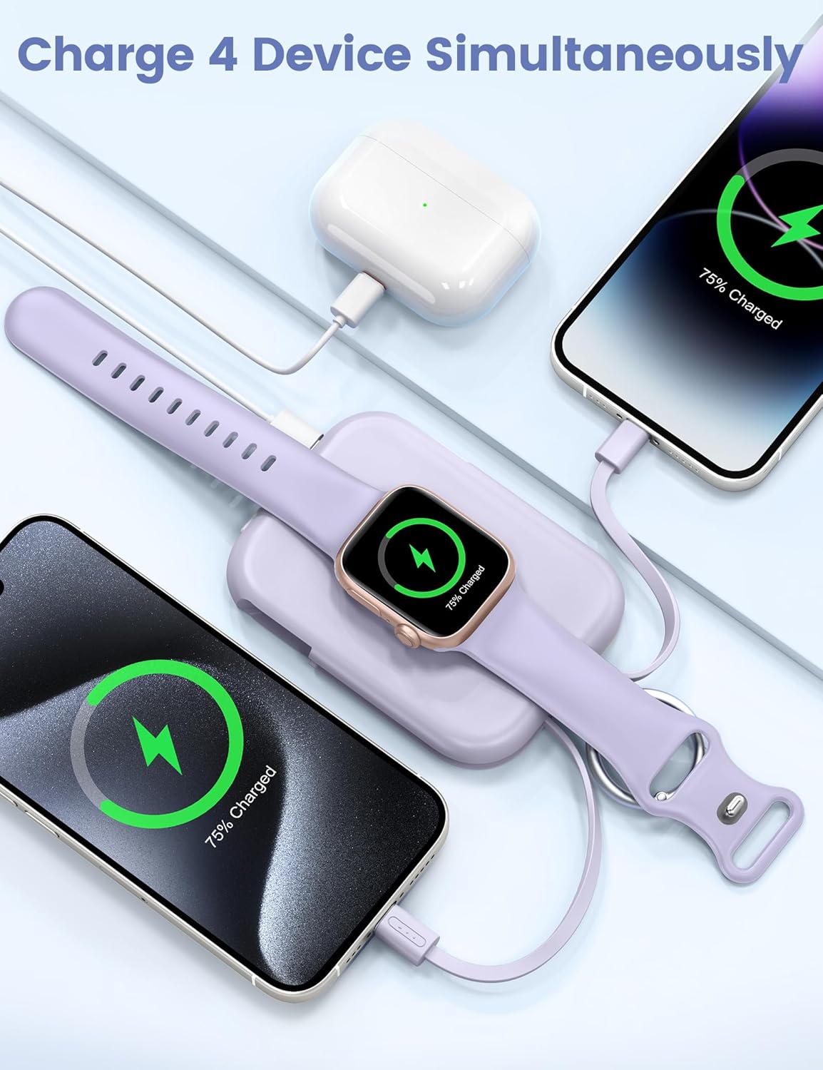 RORRY Portable Charger, 5000mAh Portable Charger Power Bank with Built-in Cables, Travel Keychain Battery Pack for Apple Watch Ultra 2/9/8/Ultra/7/6/SE/5, iPhone 16/15/14/13/12, Purple