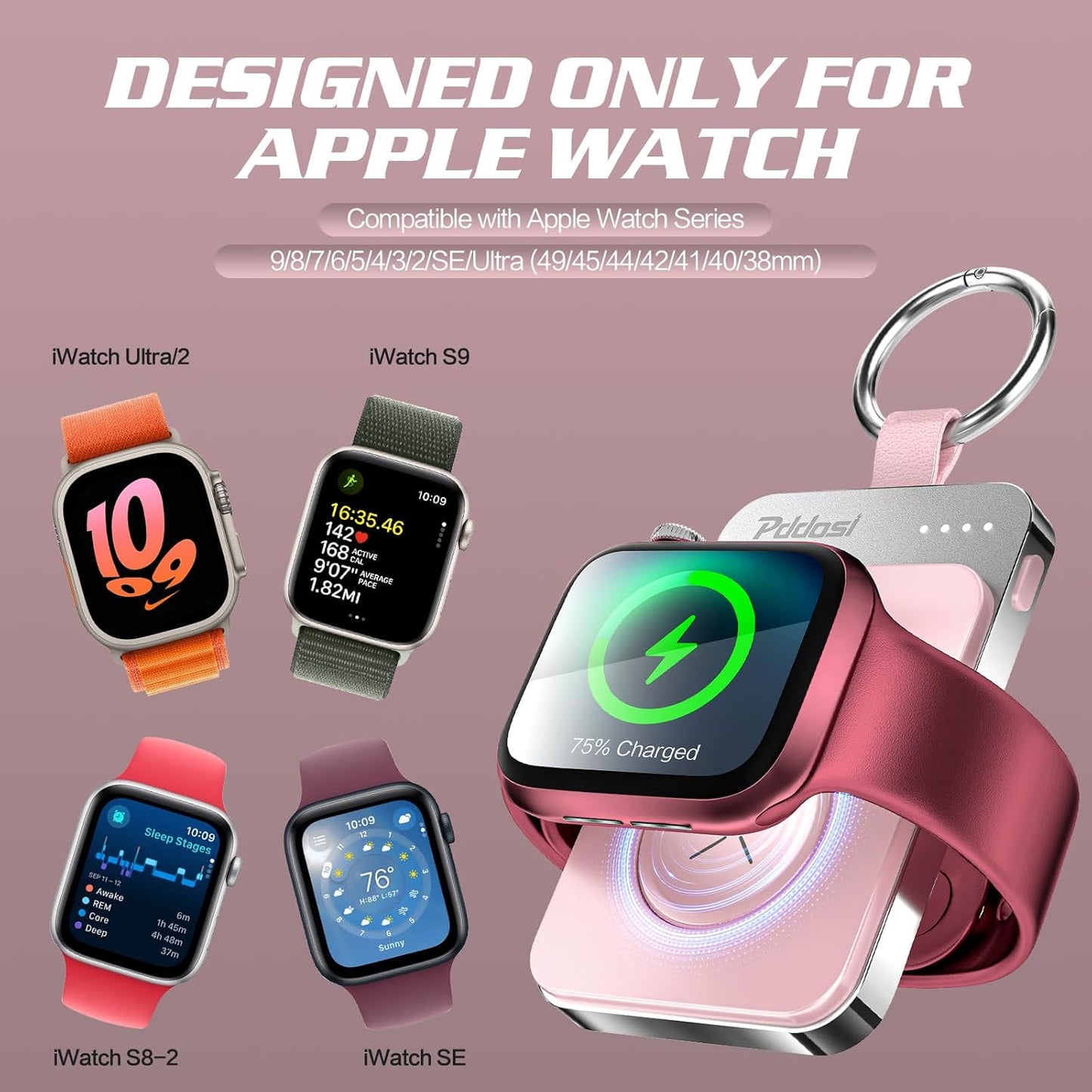 Pddosi Portable Wireless Charger Compatible for Apple Watch Series 10/9/8/UItra/7/6/5/4/3/2/SE, 1500mAh Portable iWatch Charger Travel, Magnetic Portable Watch Charger Keychain with USB C (Pink)