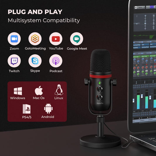 AUDIOPRO USB Microphone, Computer Condenser Gaming Mic for PC/Laptop/PS4/5, Headphone Output, Volume Control, USB Type C Plug and Play, LED Mute Button, for Streaming, Podcast, Studio Recording