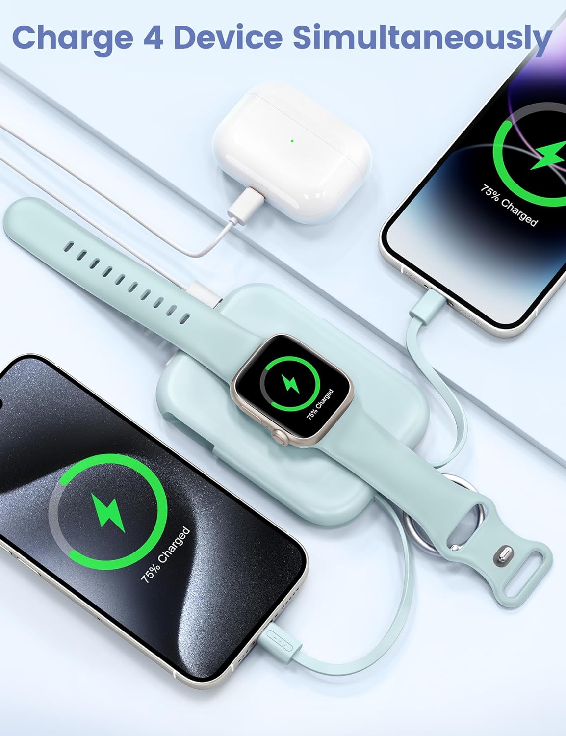 RORRY Portable Charger, 5000mAh Portable Charger Power Bank with Built-in Cables, Travel Keychain Battery Pack for Apple Watch Ultra 2/9/8/Ultra/7/6/SE/5, iPhone 16/15/14/13/12, Purple