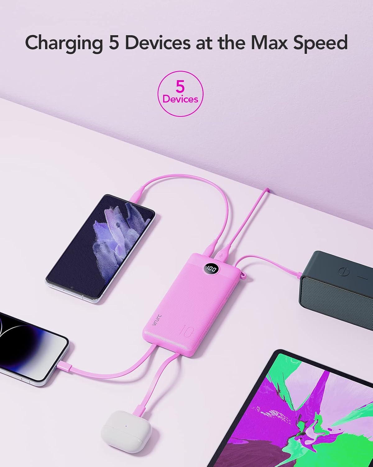 VRURC 10000mAh Power Bank Built-in Cables, Portable Charger with LED Display, Slim Travel Battery Pack with Cords, 5 Output Dual Input Phone Charger for Cell Phone Smart Devcies-Blue(1 Pack)