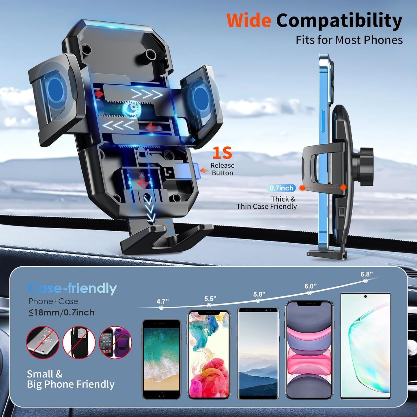SUUSON Upgraded 3-in-1 Car Phone Holder Mount [Powerful Suction] Phone Mount for Car Dashboard Air Vent Windshield,for All iPhone Android Phone (Black)
