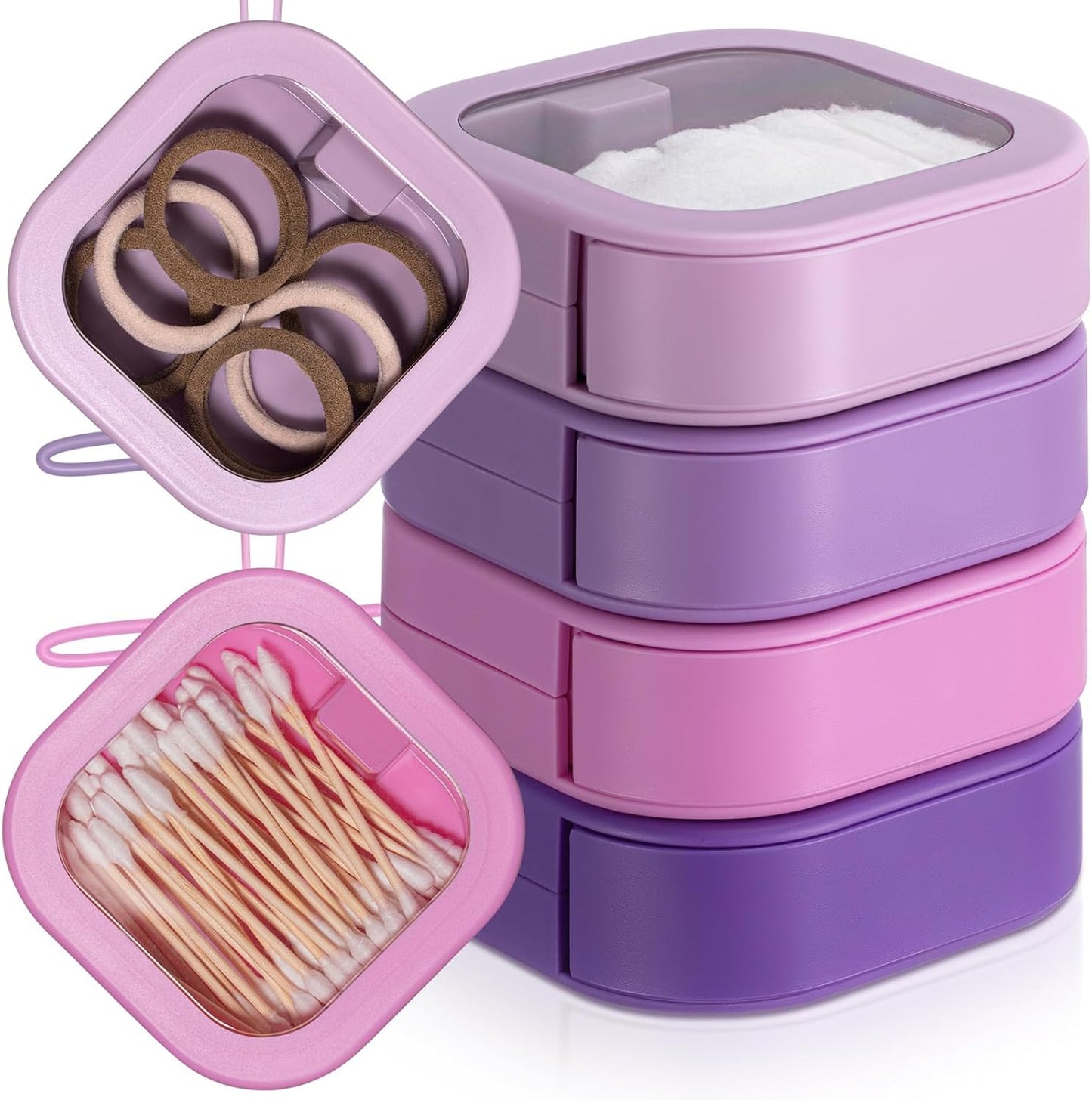 Kathfly 4 Pcs White Hair Tie Organizer Portable Hair Accessory Storage Containers Stackable Hair Tie Bobby Pin Holder Home Cotton Swab Dispenser Hair Accessories Jewelry Organizer Box