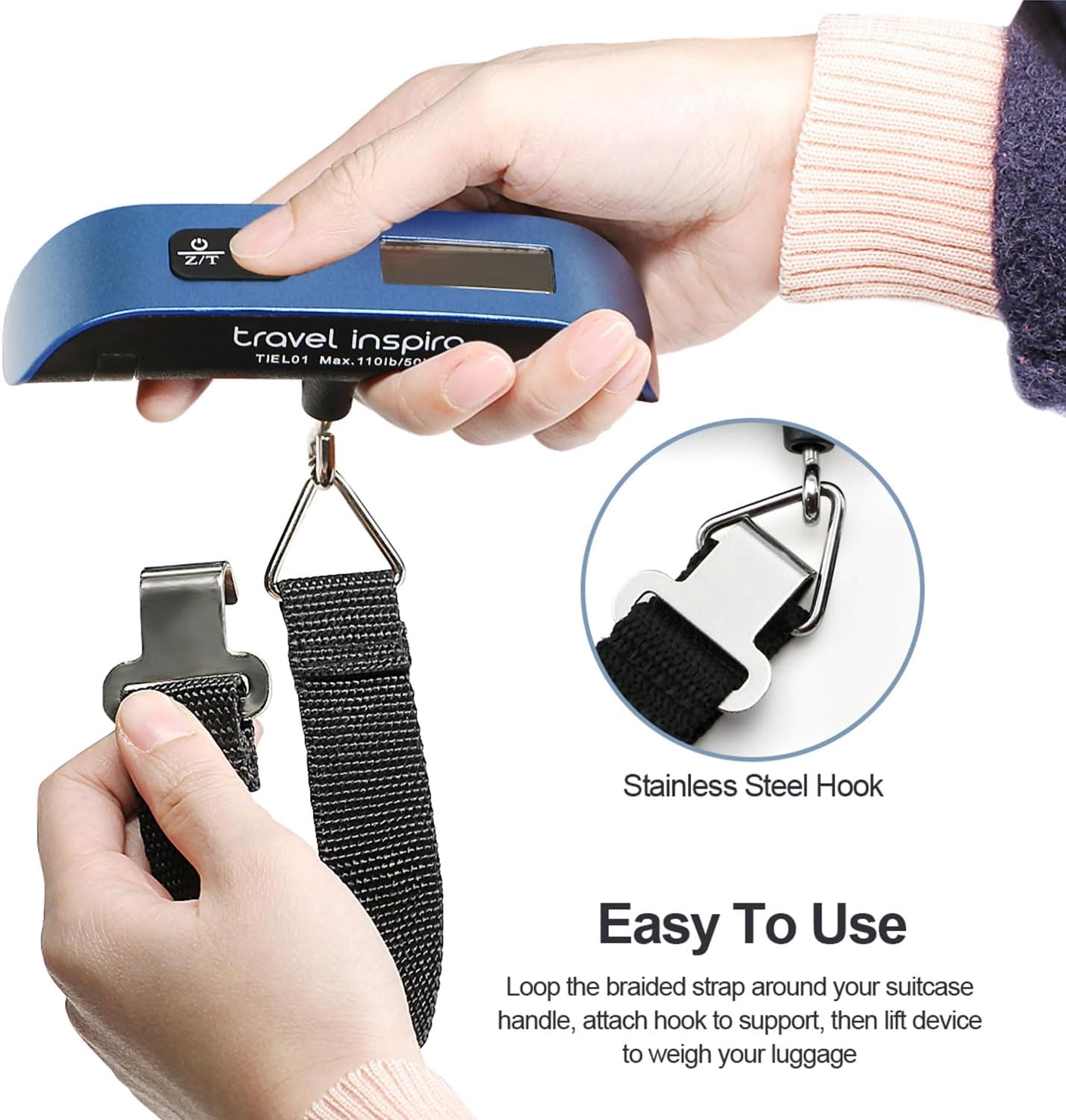 travel inspira Luggage Scale, Portable Digital Hanging Baggage Scale for Travel, Suitcase Weight Scale with Rubber Paint, 110 Pounds, Battery Included