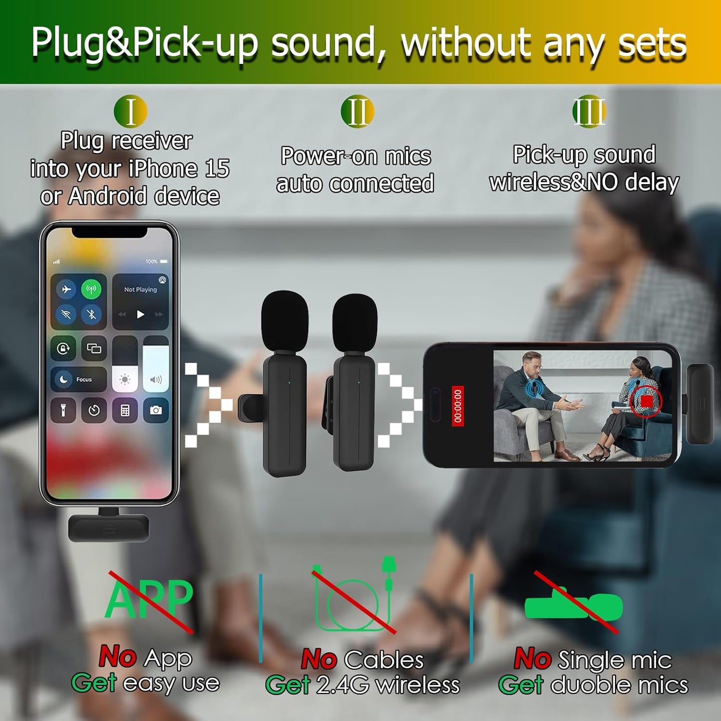2 Pack Wireless Mini Lavalier Lapel Microphone for iPhone,Android Phone(2 in 1) - 80ft Cordless Clip on Dual Mics with Noise Reduction 5H Working Time for Video Recording Vlogging, YouTube, Interview