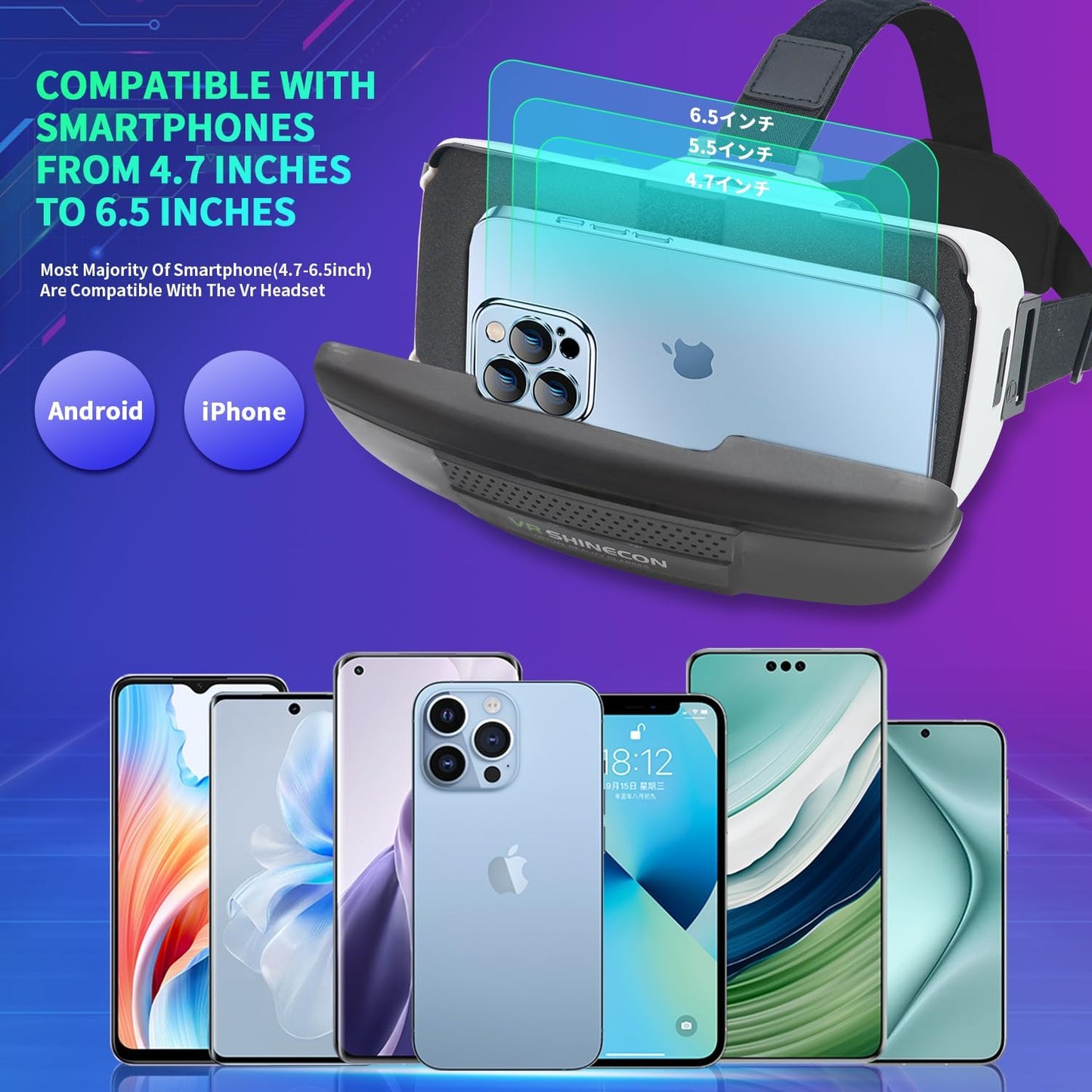 VR Headset for Smartphones, Ultra-Wide 120° Viewing Angle, Adjustable Focus and Eye Width, Aspherical Optical Lens, Good Heat Dissipation, 4.5-6.5 Inch Smartphone