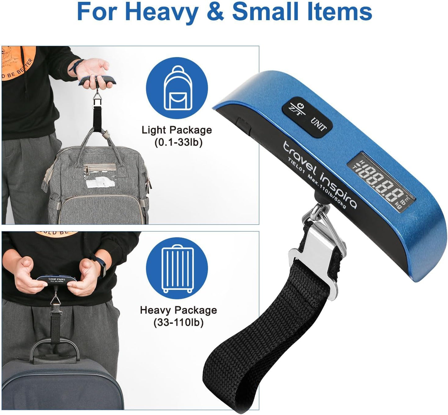 travel inspira Luggage Scale, Portable Digital Hanging Baggage Scale for Travel, Suitcase Weight Scale with Rubber Paint, 110 Pounds, Battery Included