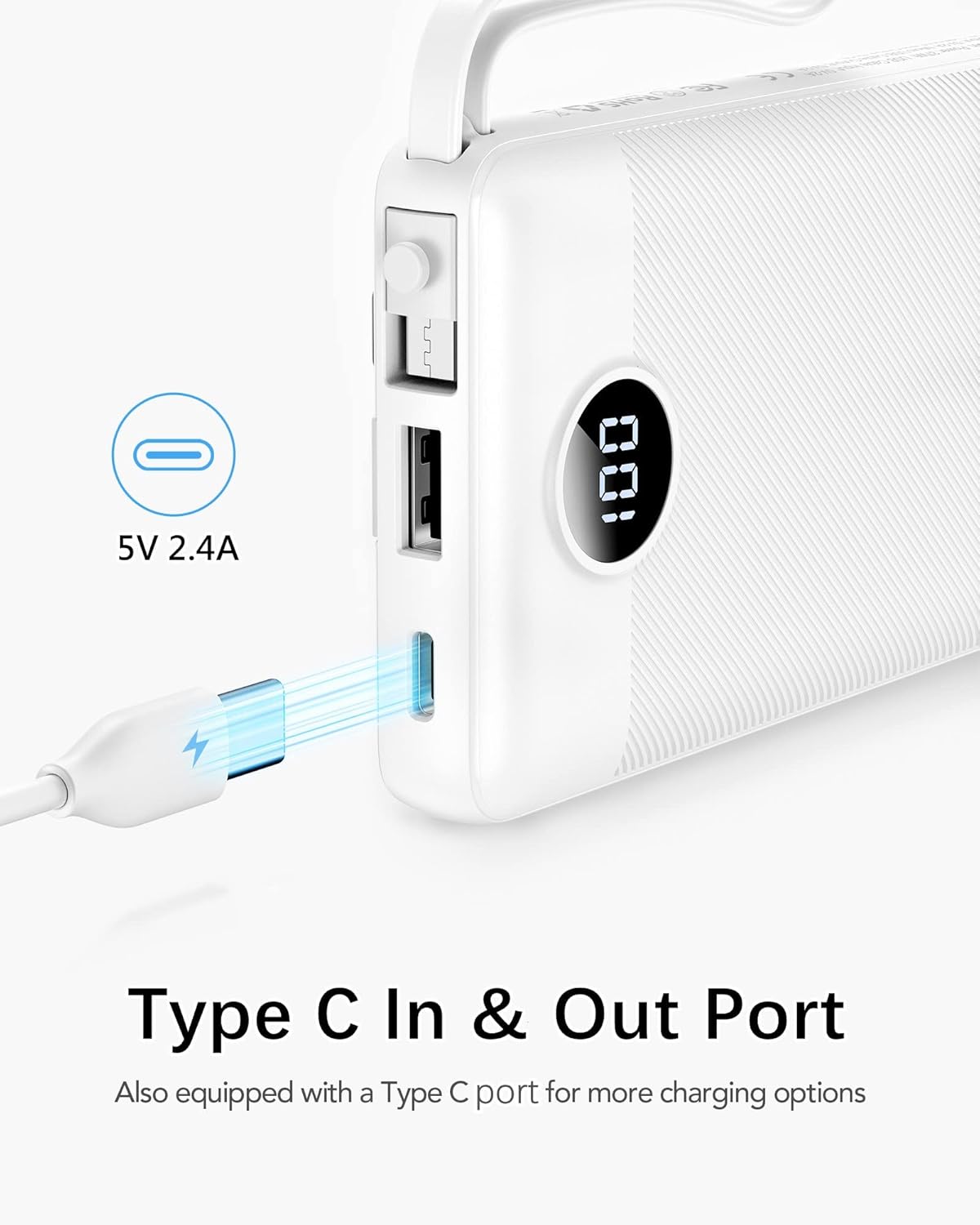 VRURC 10000mAh Power Bank Built-in Cables, Portable Charger with LED Display, Slim Travel Battery Pack with Cords, 5 Output Dual Input Phone Charger for Cell Phone Smart Devcies-Blue(1 Pack)