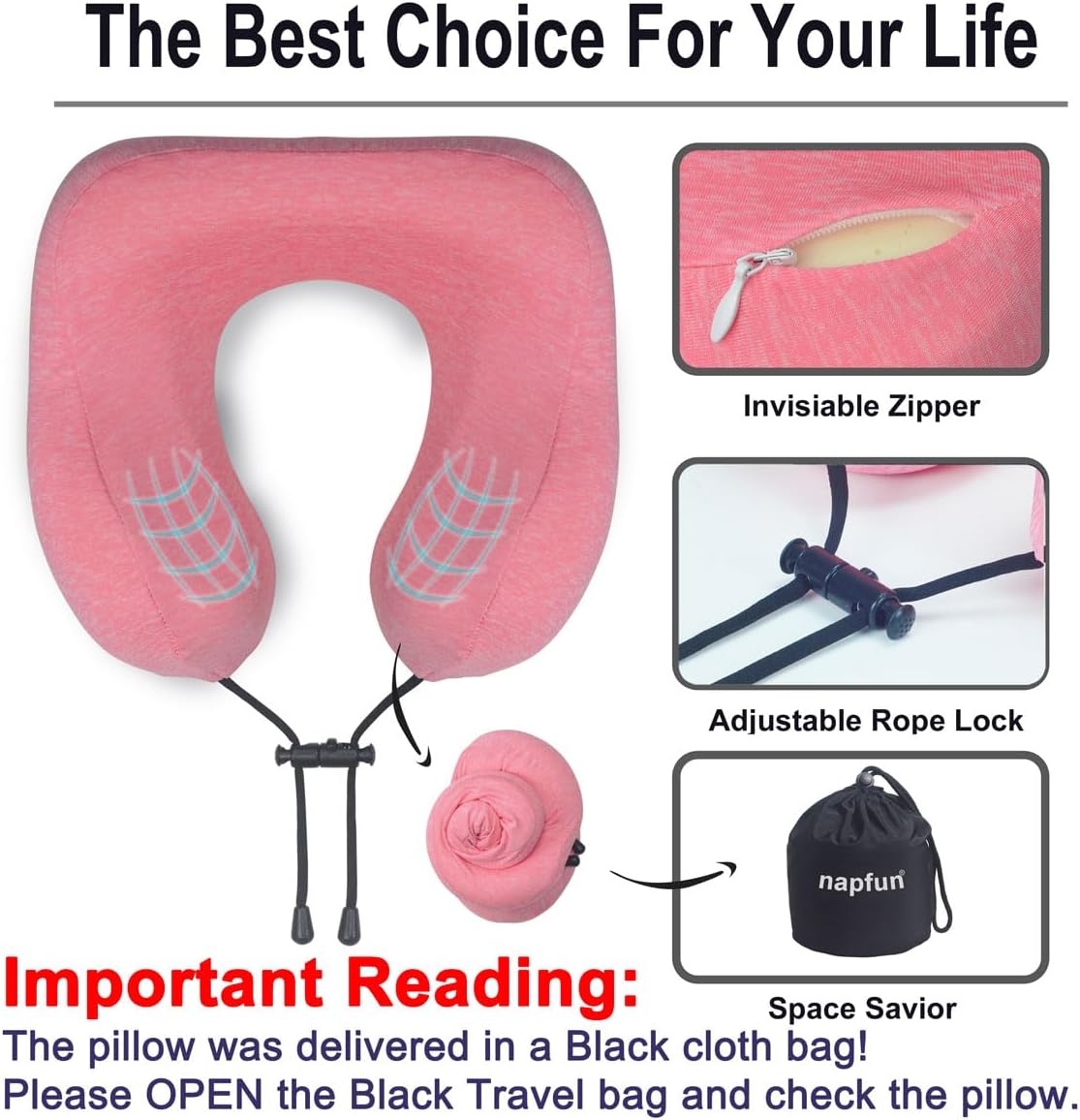 napfun Neck Pillow for Traveling, Upgraded Travel Neck Pillow for Airplane 100% Pure Memory Foam Travel Pillow for Flight Headrest Sleep, Portable Plane Accessories, Striped Black