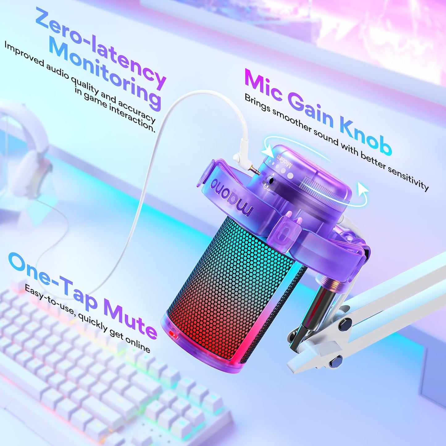 MAONO Gaming USB Microphone, Noise Cancellation Condenser mic with Mute, Gain, Monitoring, Boom Arm for Streaming, Podcast, Twitch, YouTube, Discord, PC, Computer, PS4, PS5, Mac, GamerWave DGM20S
