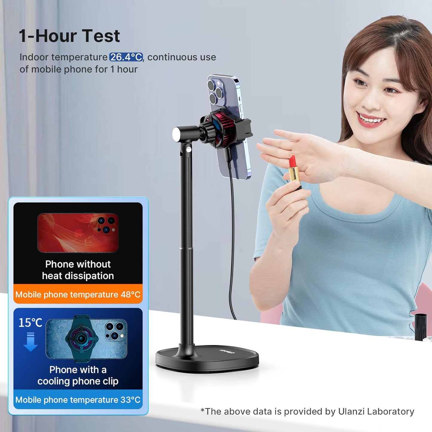 ULANZI SK-06 Cell Phone Cooler Phone Stand, Desktop Cell Phone Gaming Radiator with Cooling Device, Height Adjustable Phone Stand 2.56-3.49 inches iOS/Android Semiconductor Heatsink Cooling