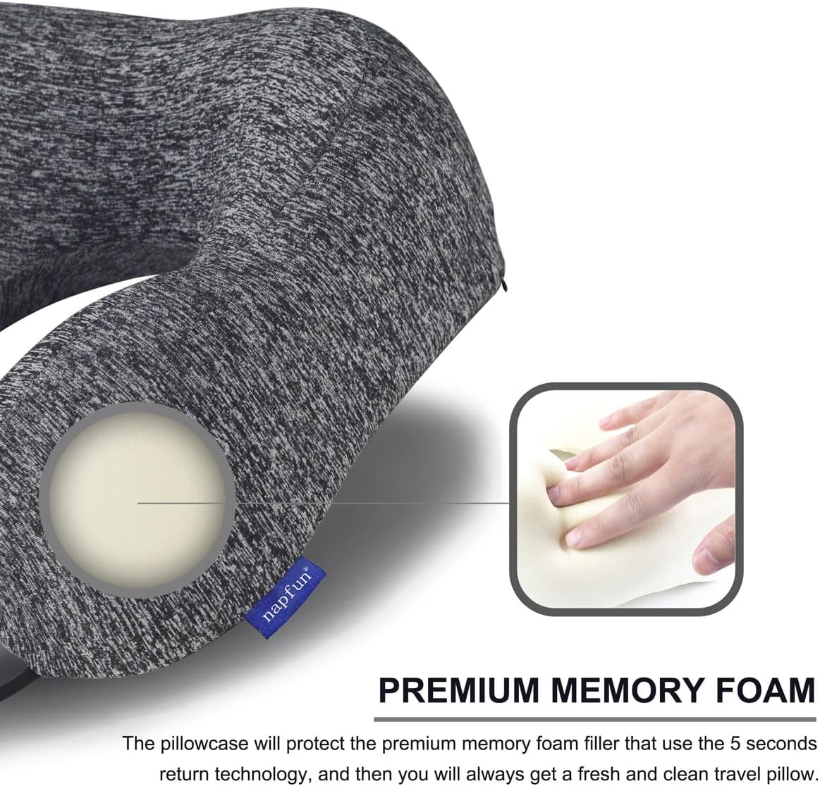 napfun Neck Pillow for Traveling, Upgraded Travel Neck Pillow for Airplane 100% Pure Memory Foam Travel Pillow for Flight Headrest Sleep, Portable Plane Accessories, Striped Black