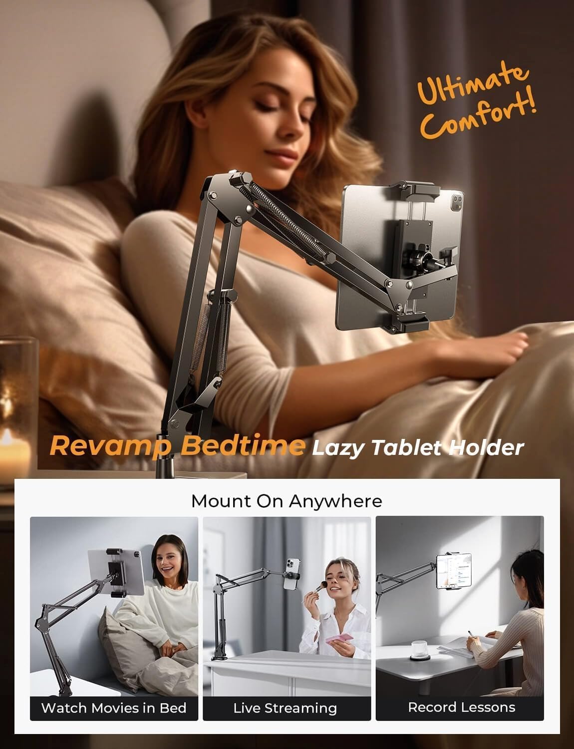 LISEN Tablet Stand Phone Holder iPad Holder for Desk Mount[Ultra Sturdy] 2 Clamps Kindle Holder for Bed Gooseneck Phone Tablet Holder Mount Phone Stand fits iPhone iPad Mini 7 Kindle 4-13&#34; Device