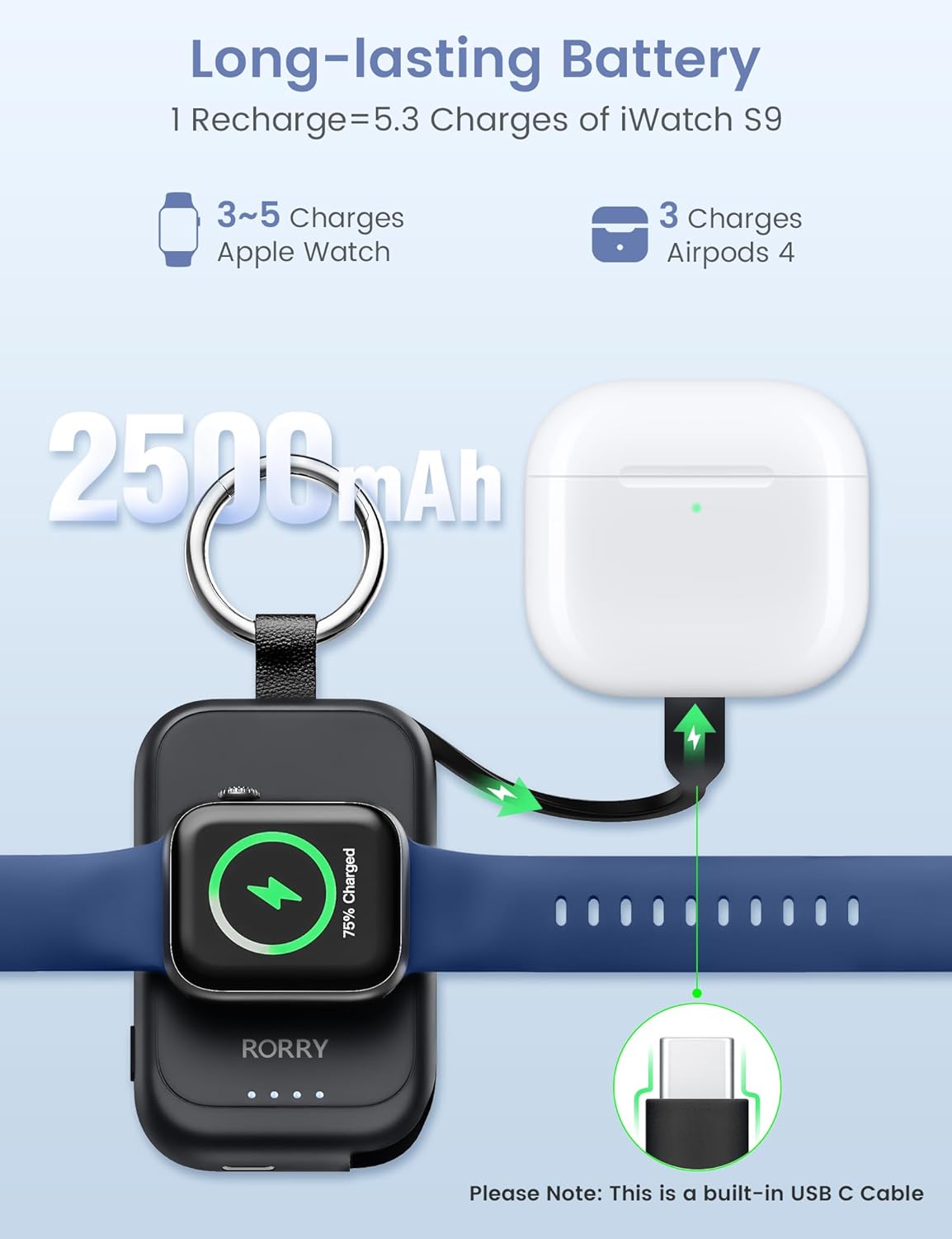 RORRY Charger for Apple Watch Series 9, 2500mAh Fast Charging Portable Charger for iWatch, Travel Charger with Built-in USB C Cable for Apple Watch Ultra Series 9 8 7 6 5 4 3 2 SE Accessories, Pink