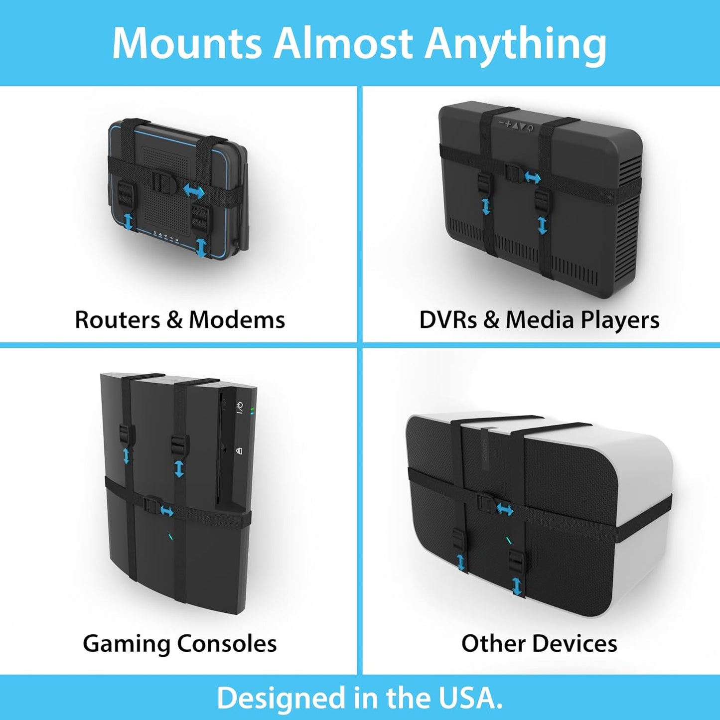 TotalMount Universal Mount for Electronics – Adjustable Strap Wall Mount for Your Router, Wireless System, Cable Modem, DVR, Xbox, PlayStation, and More (Black, Professional Shelf)
