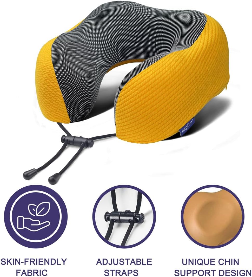napfun Neck Pillow for Traveling, Upgraded Travel Neck Pillow for Airplane 100% Pure Memory Foam Travel Pillow for Flight Headrest Sleep, Portable Plane Accessories, Striped Black