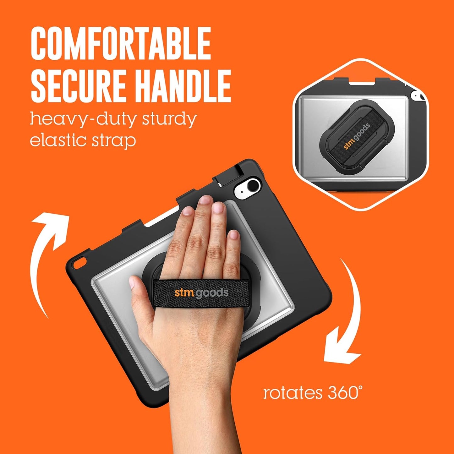 STM Dux Swivel Case for iPad 10th Gen - 360° Rotating Stand with Hand Strap, Rugged Protection, Apple Pencil Storage, and Clear Back - Perfect for Frontline and Service Workers - Black.