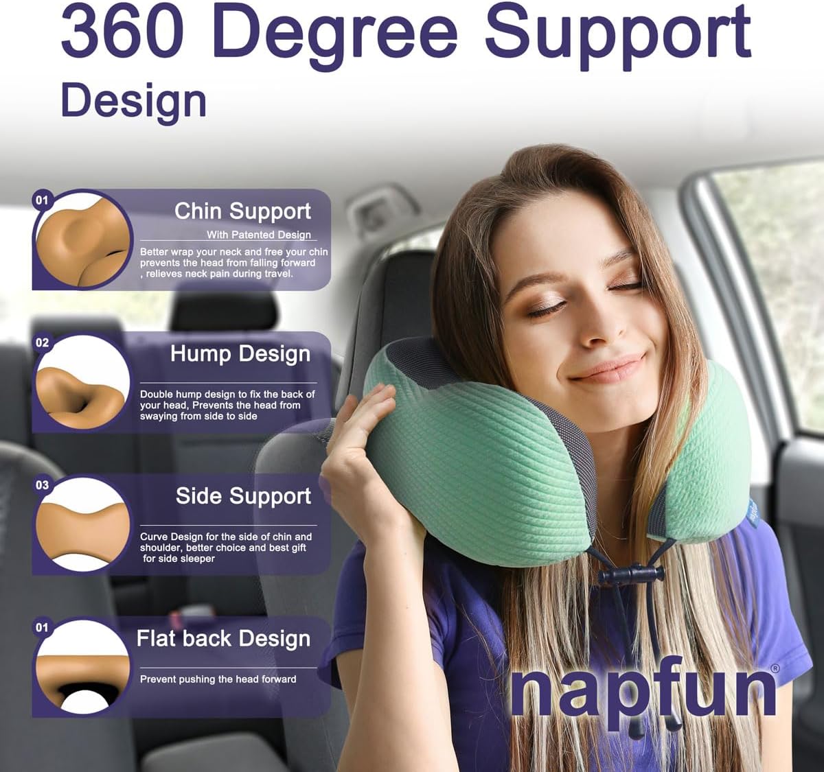 napfun Neck Pillow for Traveling, Upgraded Travel Neck Pillow for Airplane 100% Pure Memory Foam Travel Pillow for Flight Headrest Sleep, Portable Plane Accessories, Striped Black