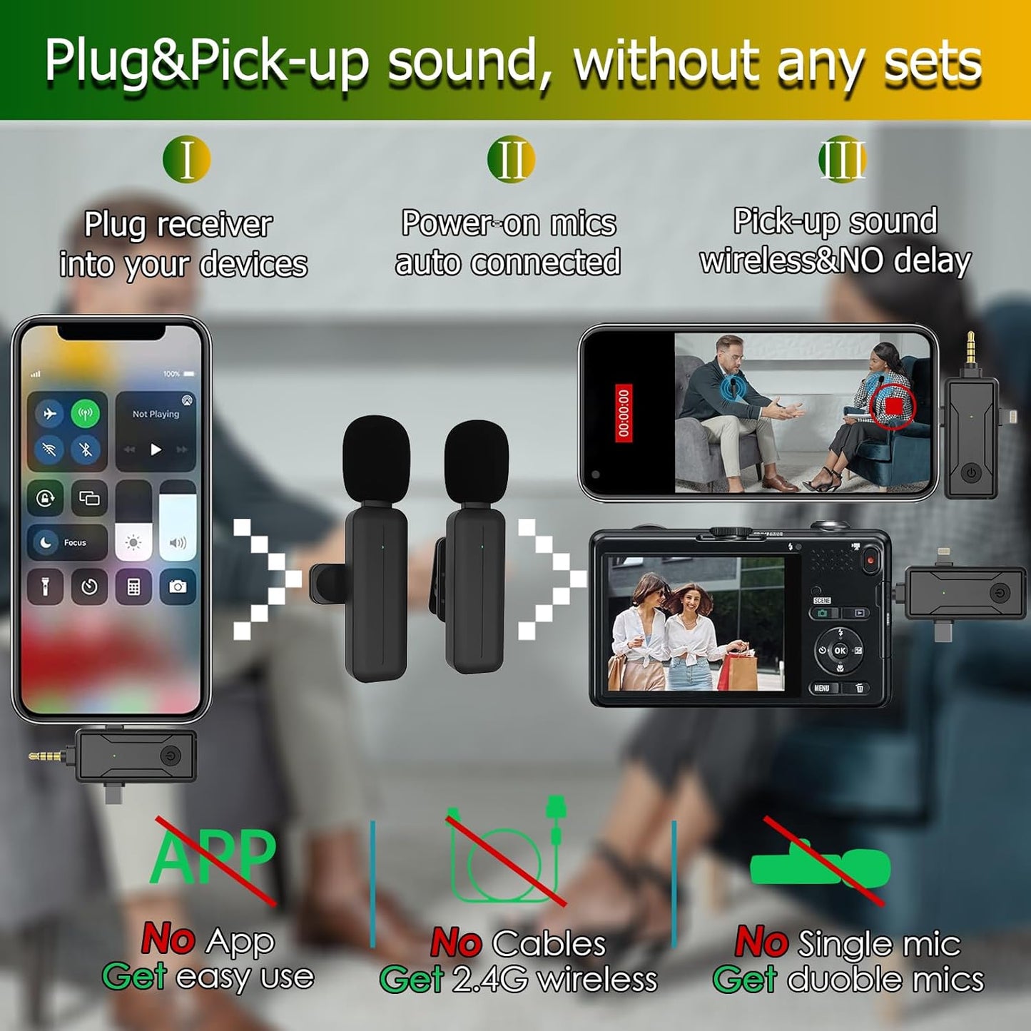 2 Pack Wireless Mini Lavalier Lapel Microphone for iPhone,Android Phone(2 in 1) - 80ft Cordless Clip on Dual Mics with Noise Reduction 5H Working Time for Video Recording Vlogging, YouTube, Interview